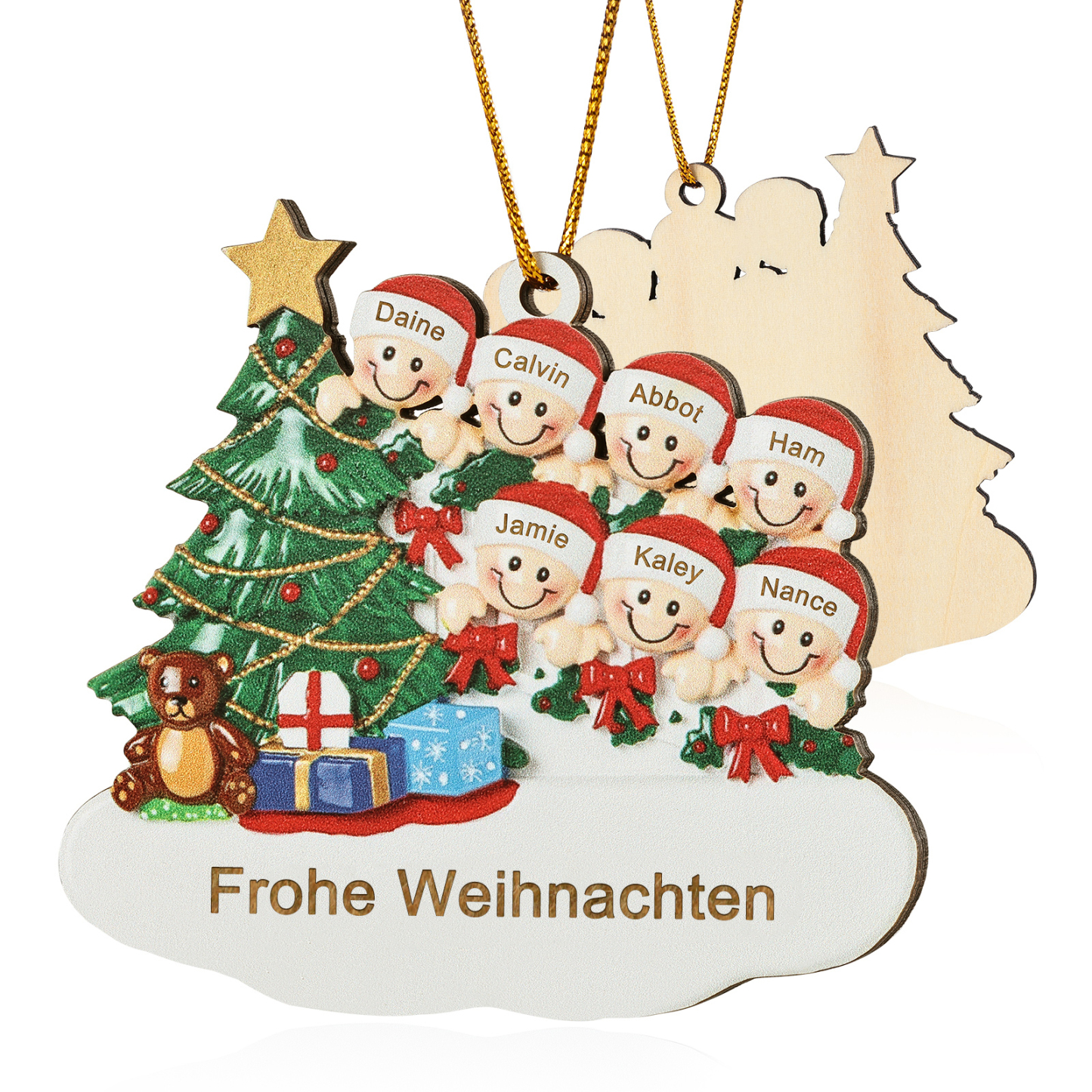 Holz Weihnachtsornament-Personalisierte 2-8 Namen & Text Weihnachtsanhänger mit Weihnachtsbaum & Geschenken für Familie