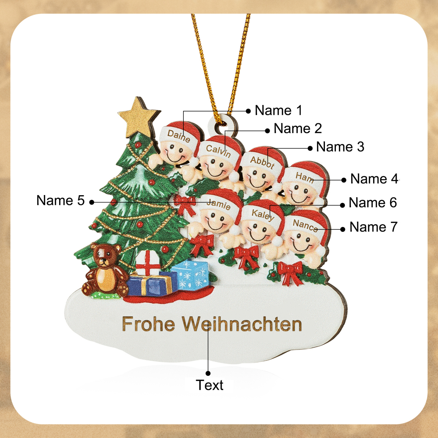 Holz Weihnachtsornament-Personalisierte 2-8 Namen & Text Weihnachtsanhänger mit Weihnachtsbaum & Geschenken für Familie