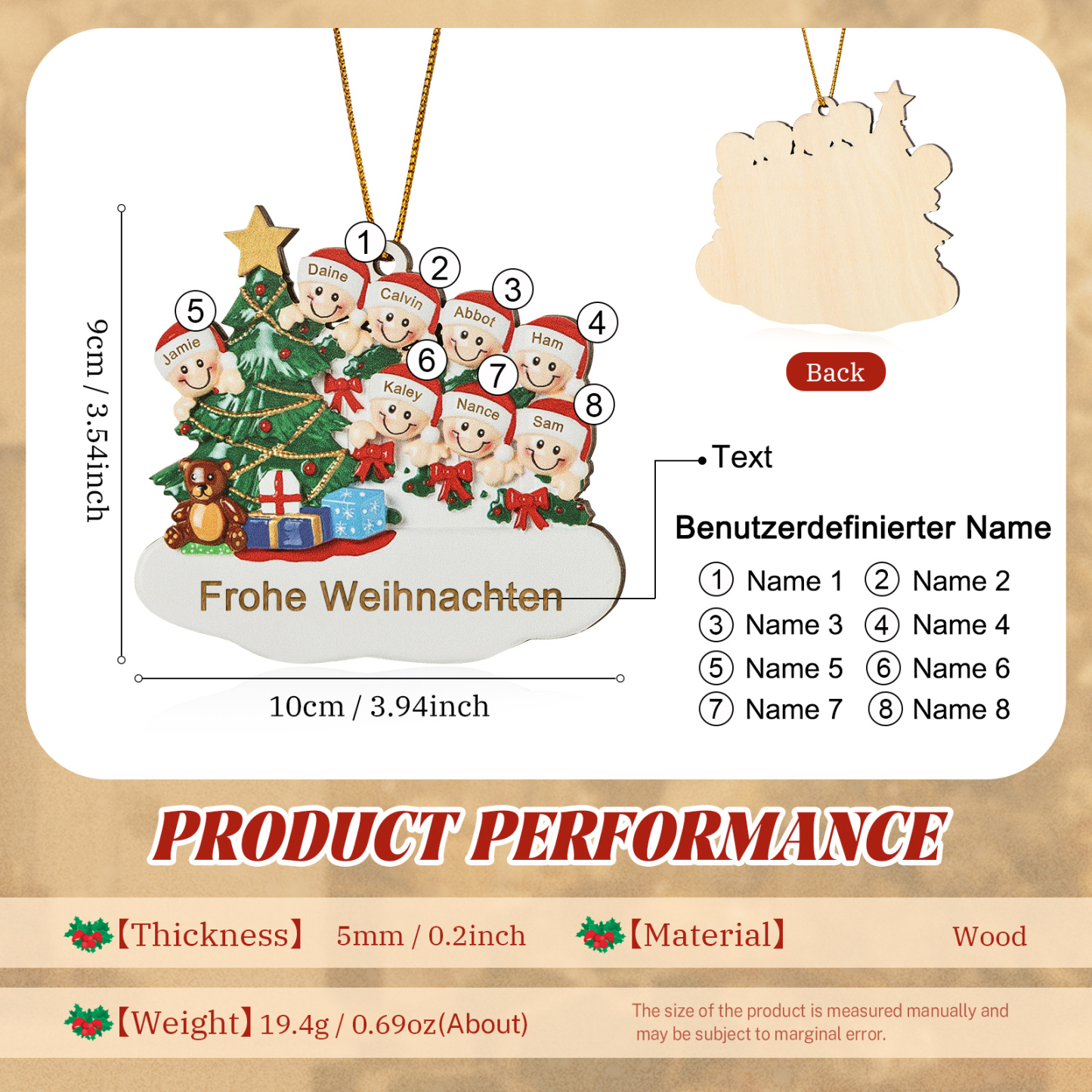 Holz Weihnachtsornament-Personalisierte 2-8 Namen & Text Weihnachtsanhänger mit Weihnachtsbaum & Geschenken für Familie