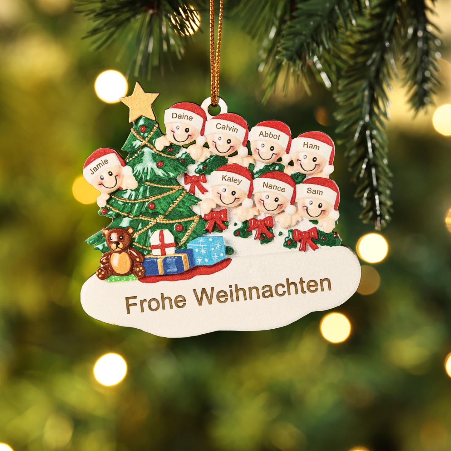 Holz Weihnachtsornament-Personalisierte 2-8 Namen & Text Weihnachtsanhänger mit Weihnachtsbaum & Geschenken für Familie