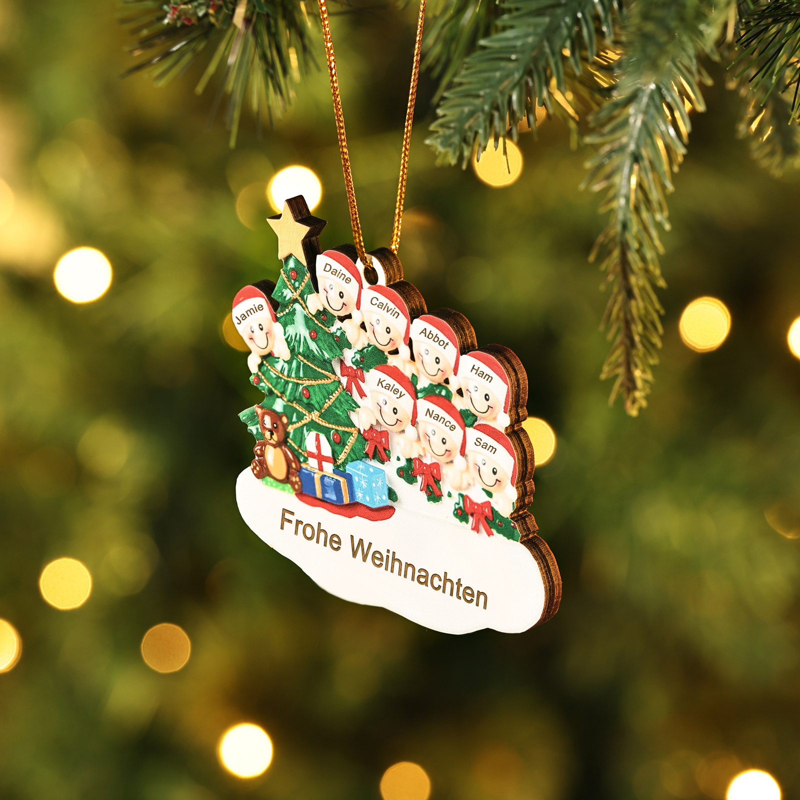 Holz Weihnachtsornament-Personalisierte 2-8 Namen & Text Weihnachtsanhänger mit Weihnachtsbaum & Geschenken für Familie