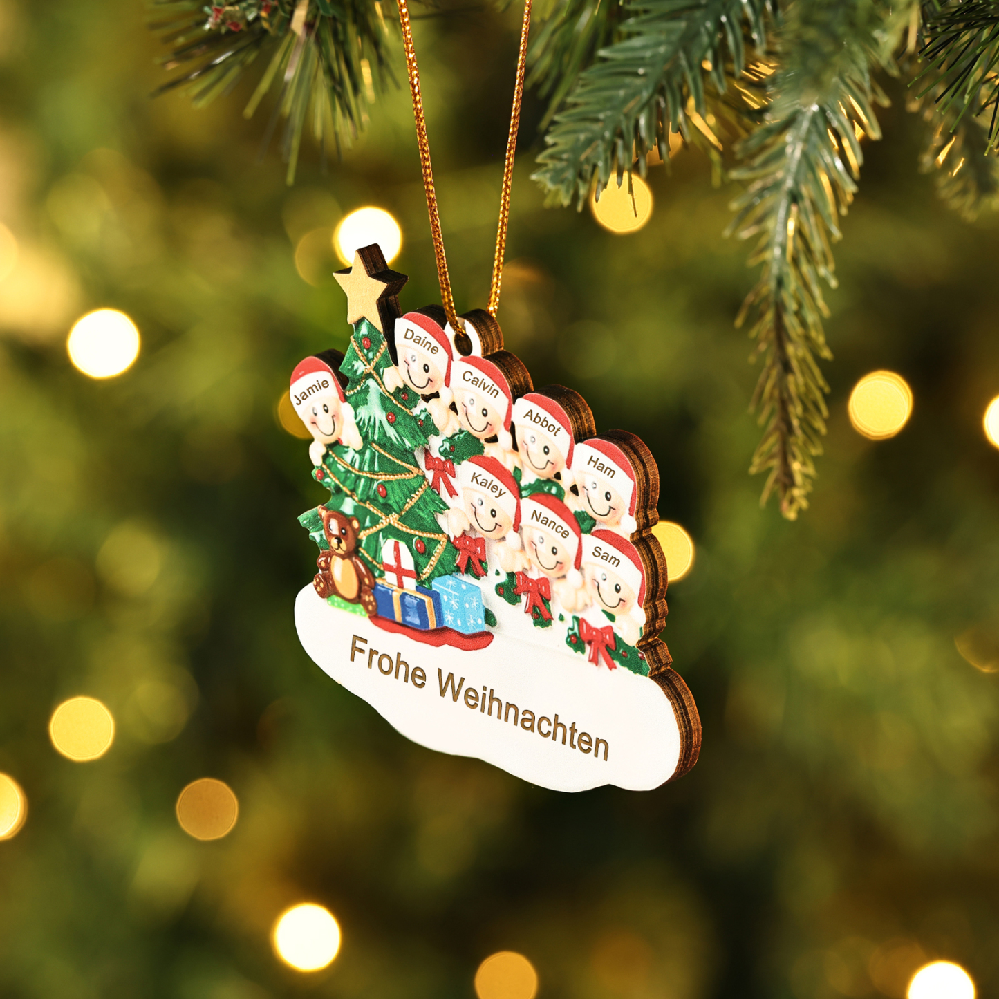 Holz Weihnachtsornament-Personalisierte 2-8 Namen & Text Weihnachtsanhänger mit Weihnachtsbaum & Geschenken für Familie