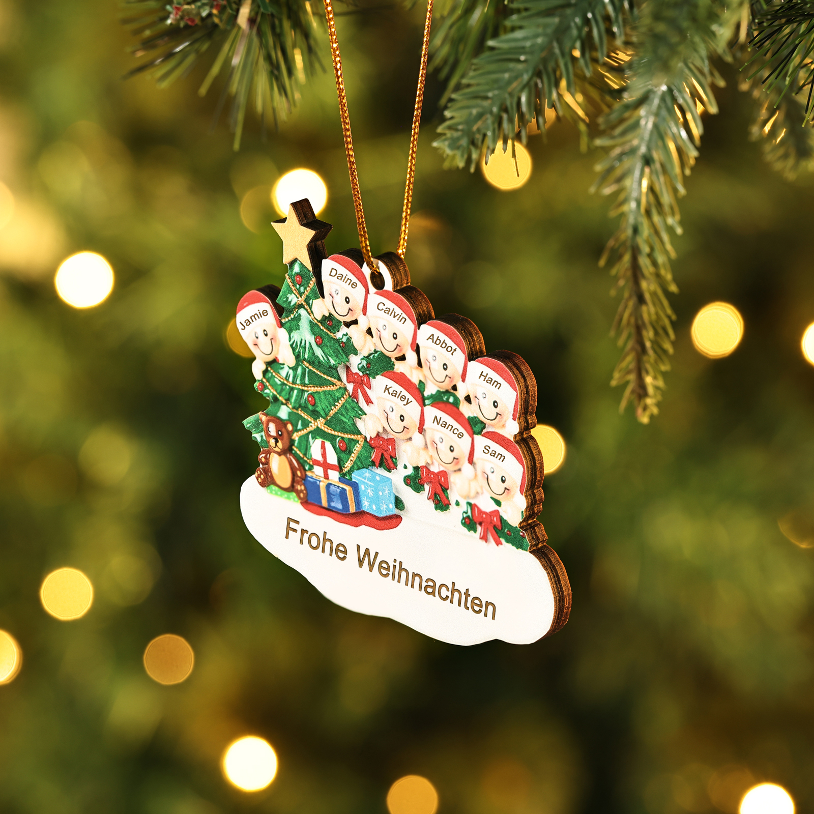 Holz Weihnachtsornament-Personalisierte 2-8 Namen & Text Weihnachtsanhänger mit Weihnachtsbaum & Geschenken für Familie