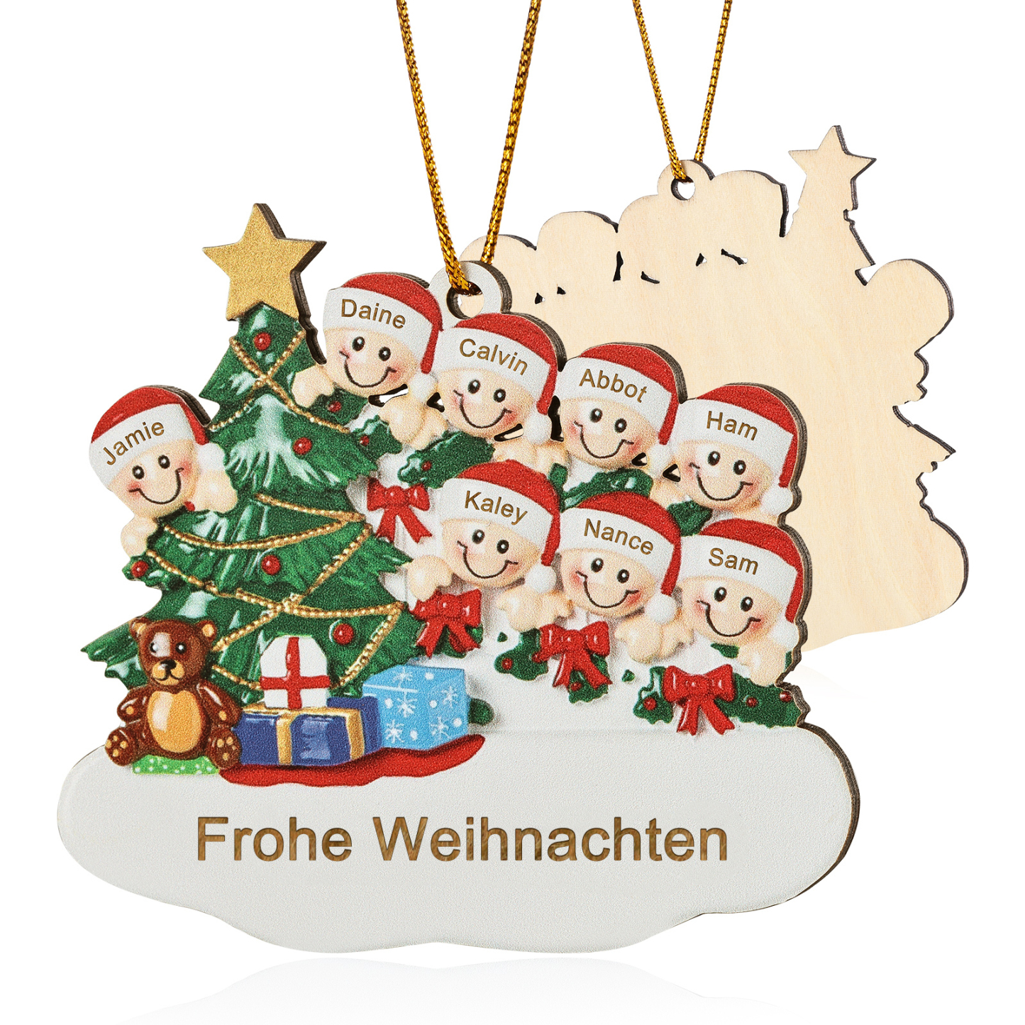 Holz Weihnachtsornament-Personalisierte 2-8 Namen & Text Weihnachtsanhänger mit Weihnachtsbaum & Geschenken für Familie