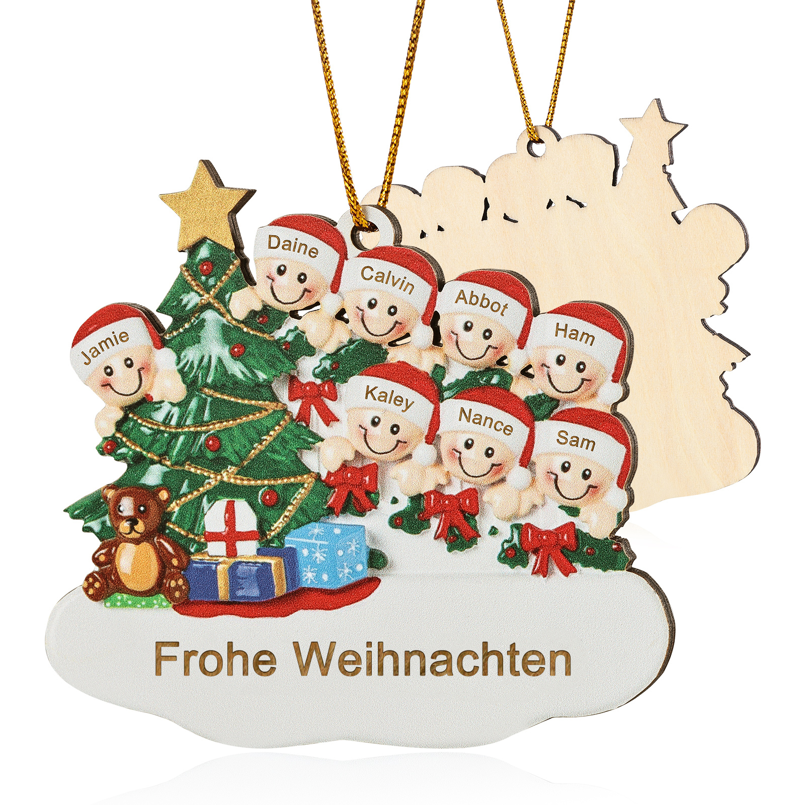 Holz Weihnachtsornament-Personalisierte 2-8 Namen & Text Weihnachtsanhänger mit Weihnachtsbaum & Geschenken für Familie