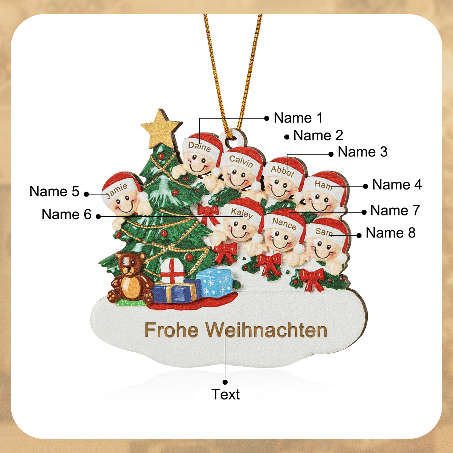 Holz Weihnachtsornament-Personalisierte 2-8 Namen & Text Weihnachtsanhänger mit Weihnachtsbaum & Geschenken für Familie