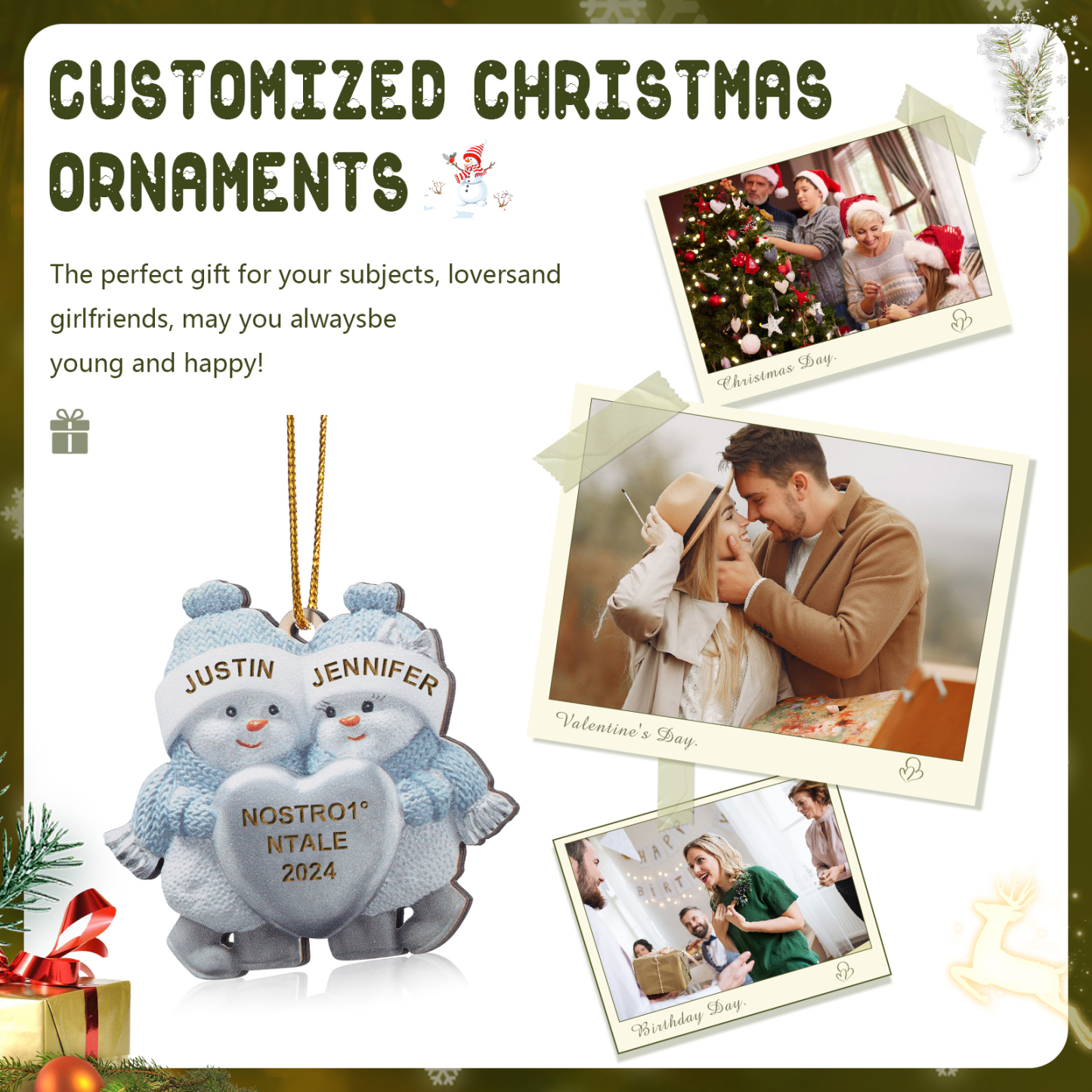 Holz Weihnachtsornament – Personalisierter Text & 2 Namen & Jahr Weihnachtsanhänger für Paar