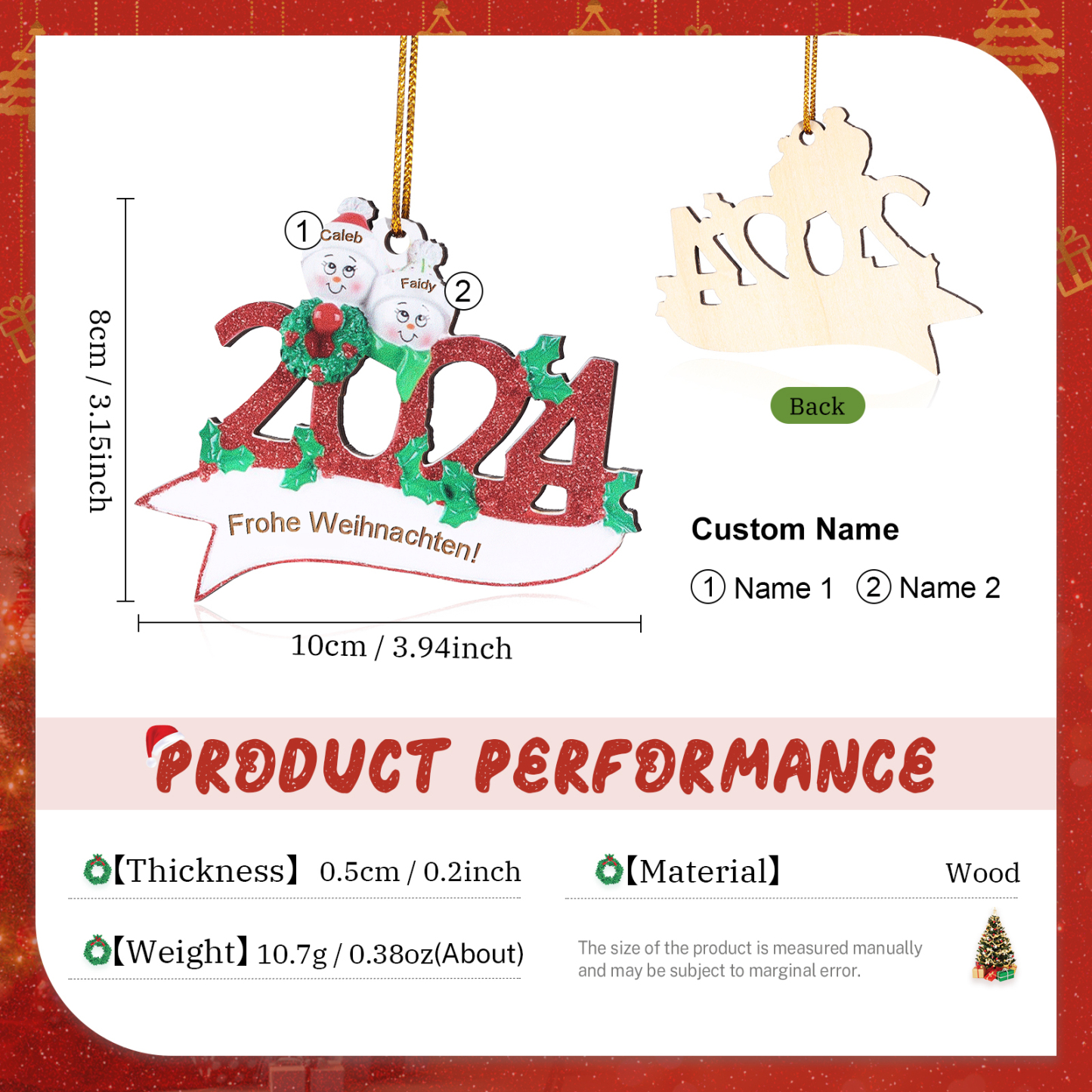 Holz Weihnachtsornament – Personalisierter Text & 2-5 Namen – 2024 Festliche Weihnachtsbaum-Dekoration mit Schneemännern