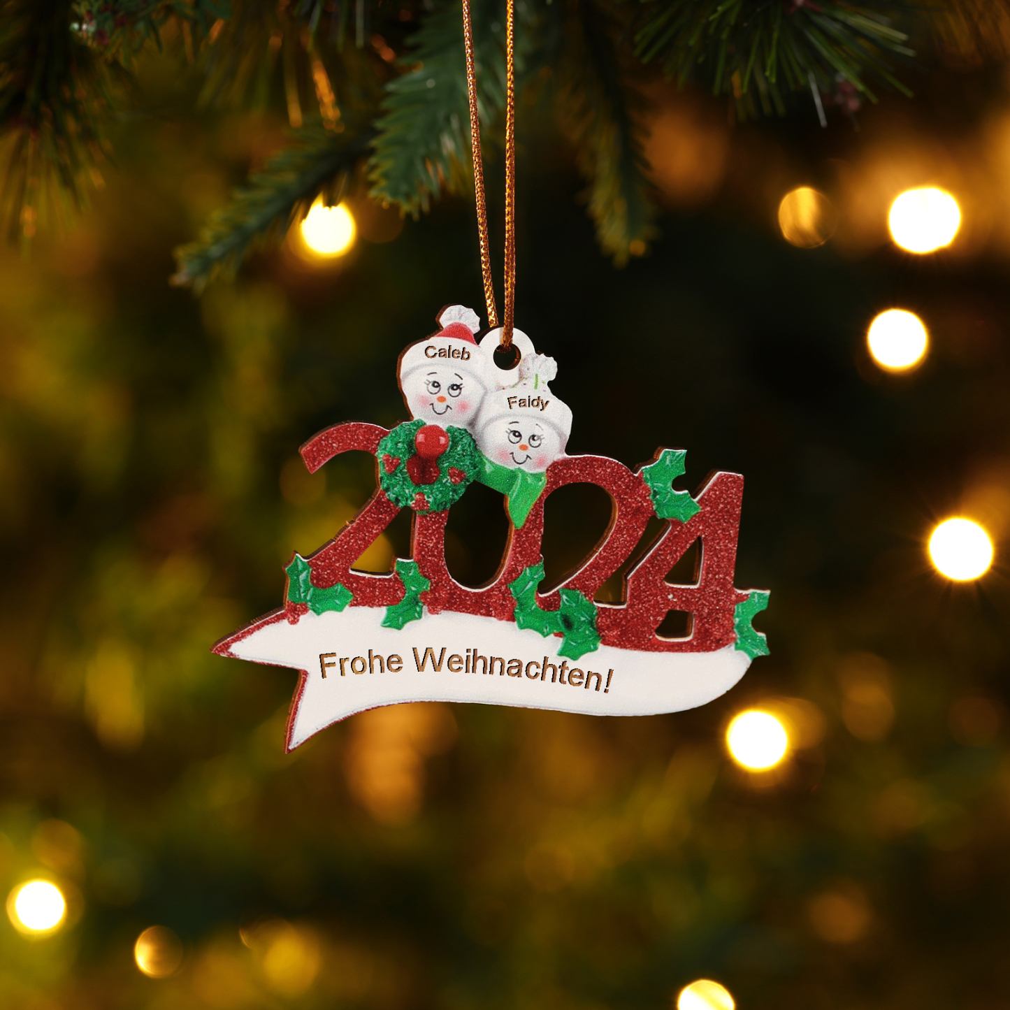 Holz Weihnachtsornament – Personalisierter Text & 2-5 Namen – 2024 Festliche Weihnachtsbaum-Dekoration mit Schneemännern