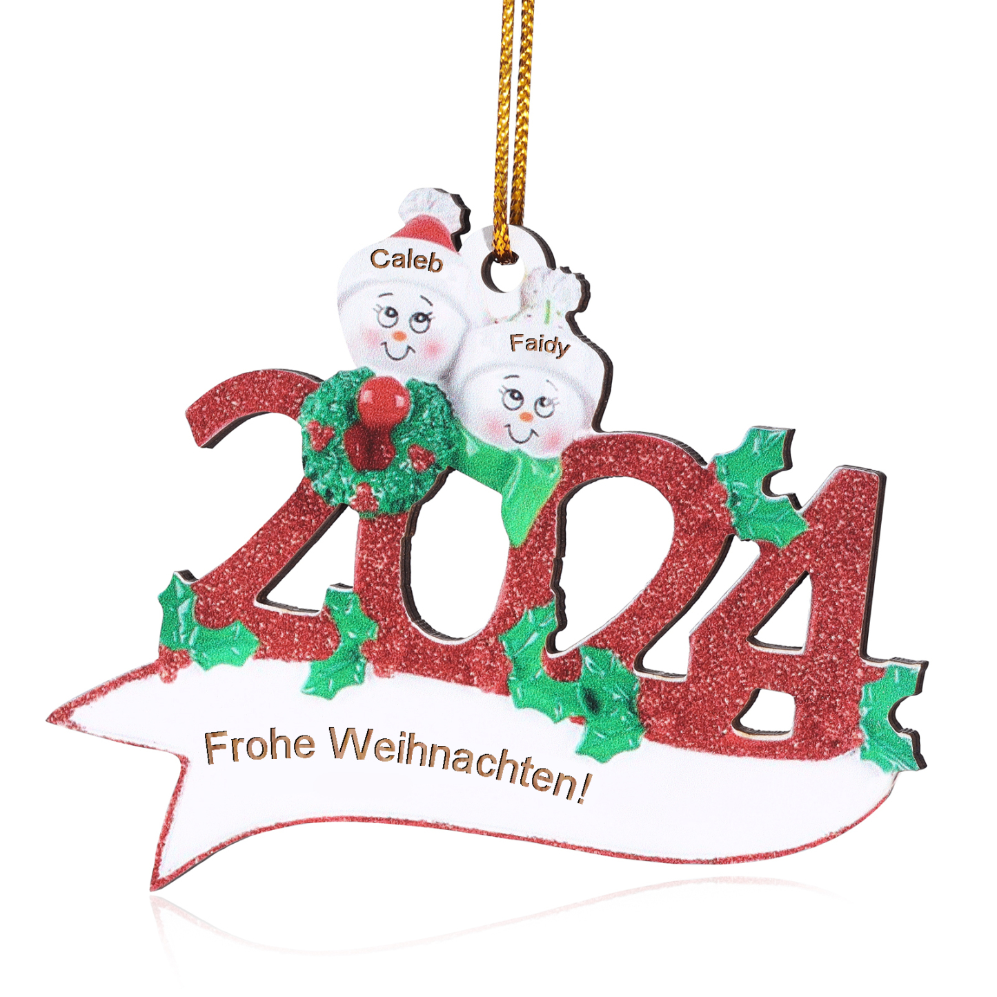 Holz Weihnachtsornament – Personalisierter Text & 2-5 Namen – 2024 Festliche Weihnachtsbaum-Dekoration mit Schneemännern