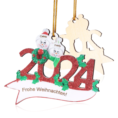Holz Weihnachtsornament – Personalisierter Text & 2-5 Namen – 2024 Festliche Weihnachtsbaum-Dekoration mit Schneemännern