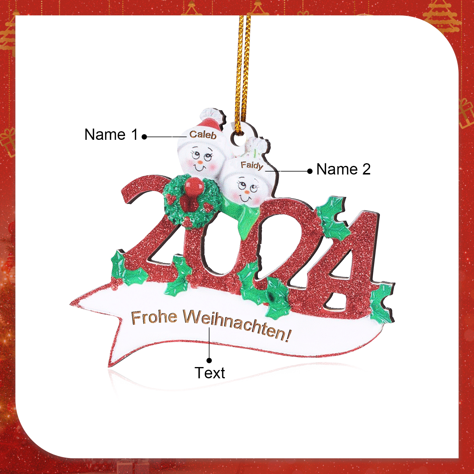 Holz Weihnachtsornament – Personalisierter Text & 2-5 Namen – 2024 Festliche Weihnachtsbaum-Dekoration mit Schneemännern