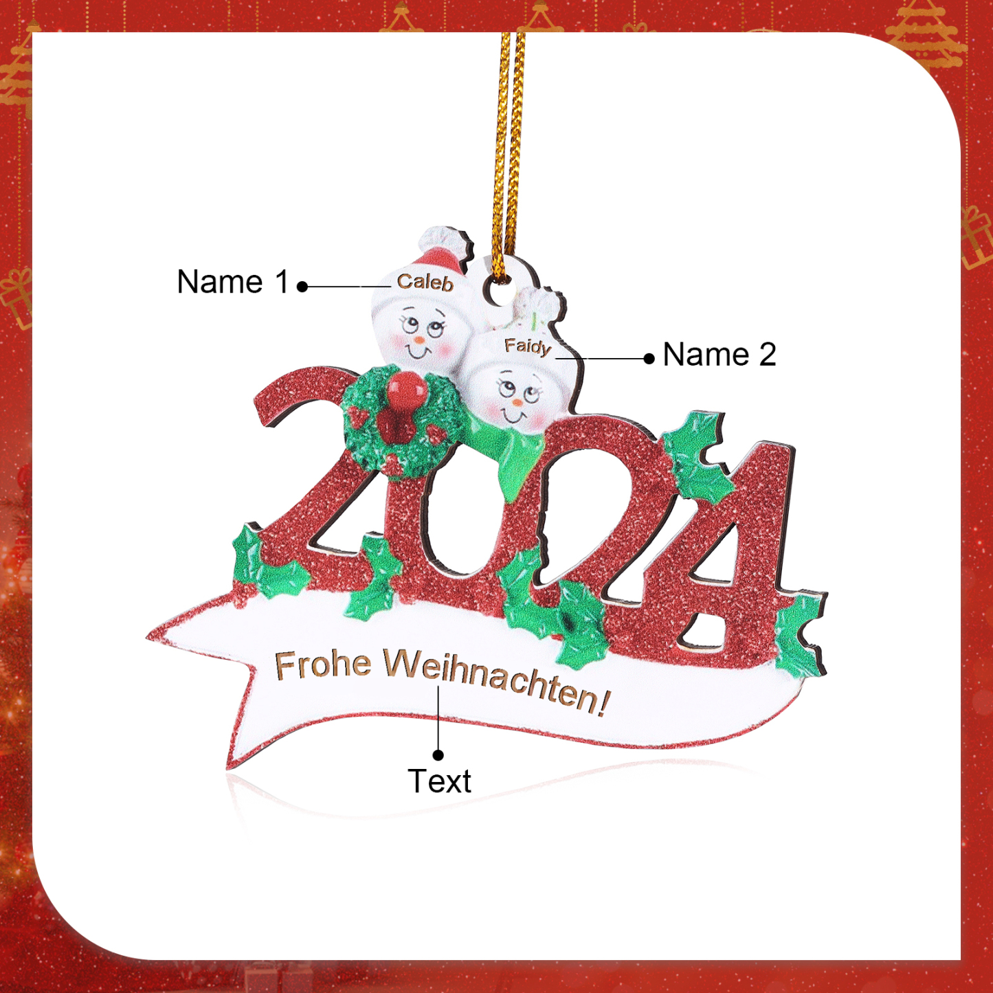 Holz Weihnachtsornament – Personalisierter Text & 2-5 Namen – 2024 Festliche Weihnachtsbaum-Dekoration mit Schneemännern