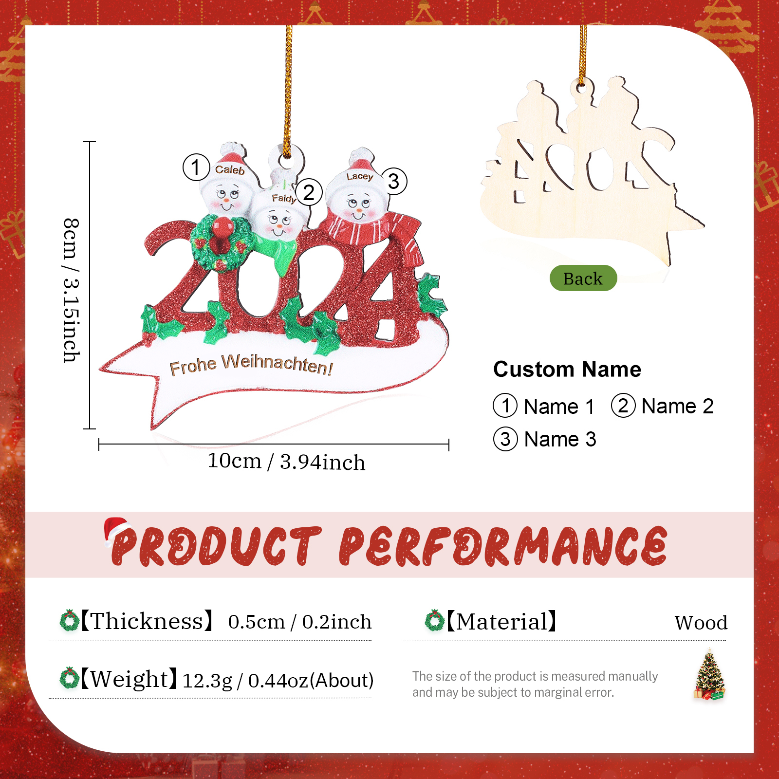 Holz Weihnachtsornament – Personalisierter Text & 2-5 Namen – 2024 Festliche Weihnachtsbaum-Dekoration mit Schneemännern