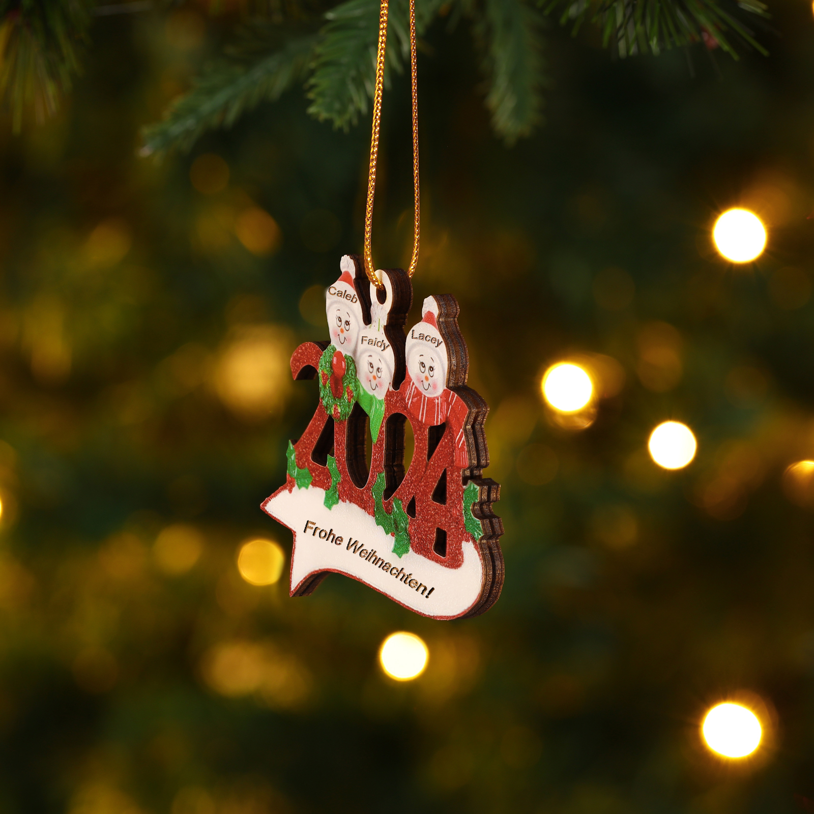 Holz Weihnachtsornament – Personalisierter Text & 2-5 Namen – 2024 Festliche Weihnachtsbaum-Dekoration mit Schneemännern