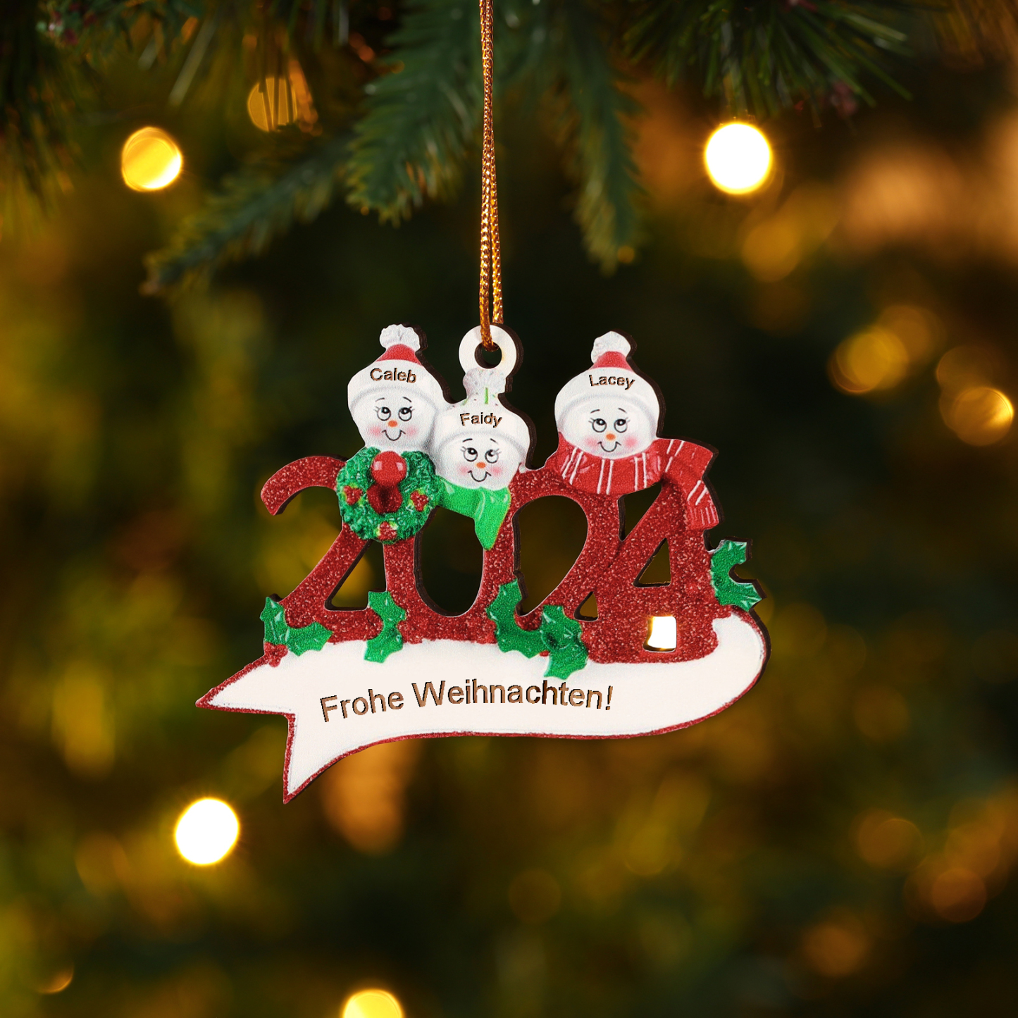 Holz Weihnachtsornament – Personalisierter Text & 2-5 Namen – 2024 Festliche Weihnachtsbaum-Dekoration mit Schneemännern
