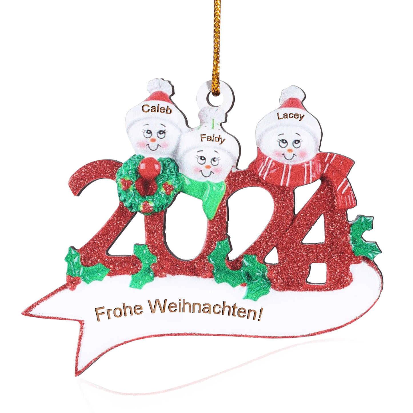 Holz Weihnachtsornament – Personalisierter Text & 2-5 Namen – 2024 Festliche Weihnachtsbaum-Dekoration mit Schneemännern