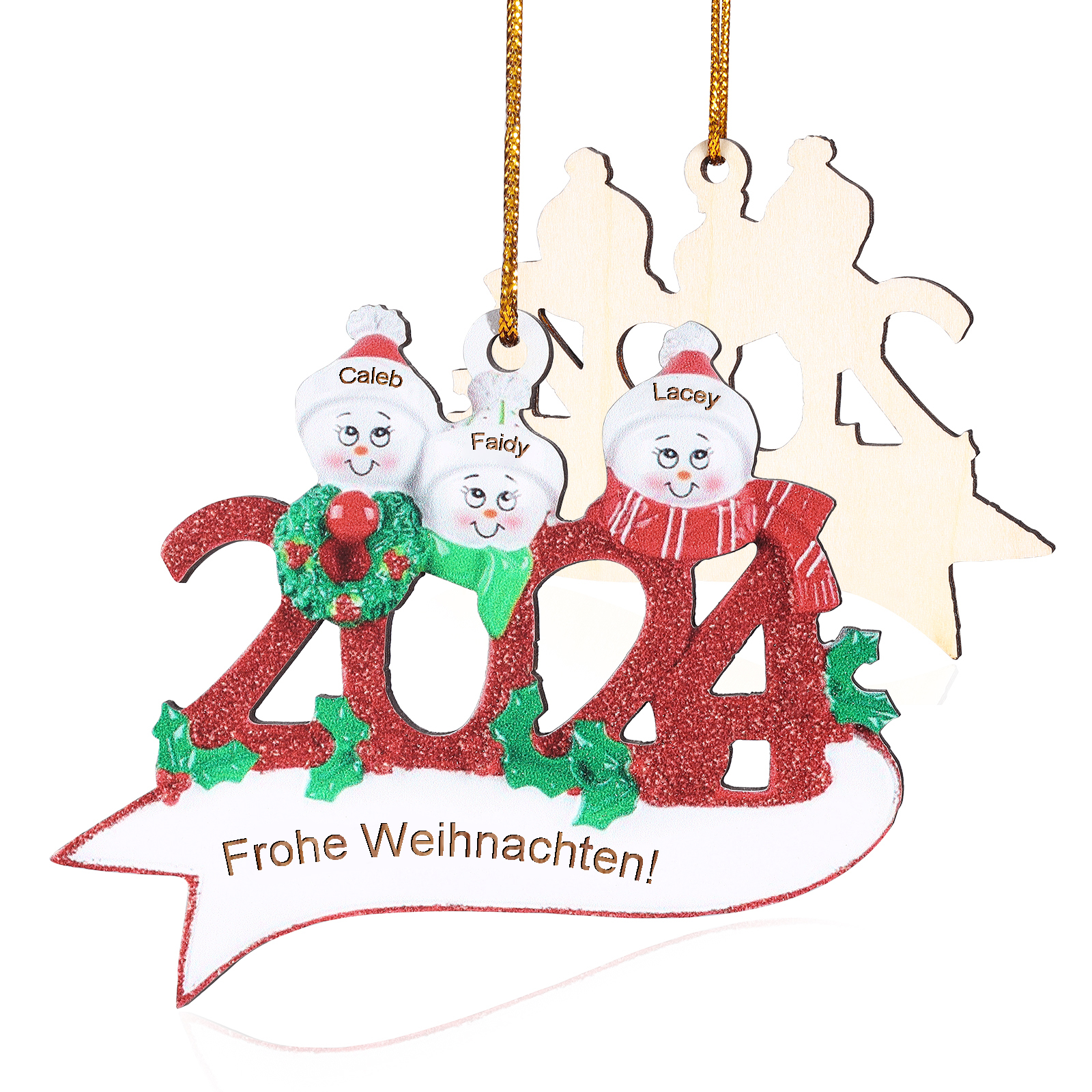 Holz Weihnachtsornament – Personalisierter Text & 2-5 Namen – 2024 Festliche Weihnachtsbaum-Dekoration mit Schneemännern