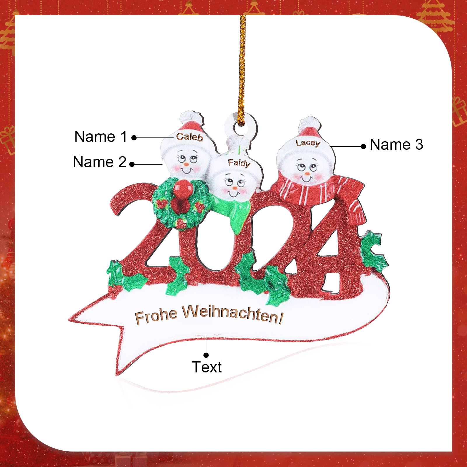 Holz Weihnachtsornament – Personalisierter Text & 2-5 Namen – 2024 Festliche Weihnachtsbaum-Dekoration mit Schneemännern