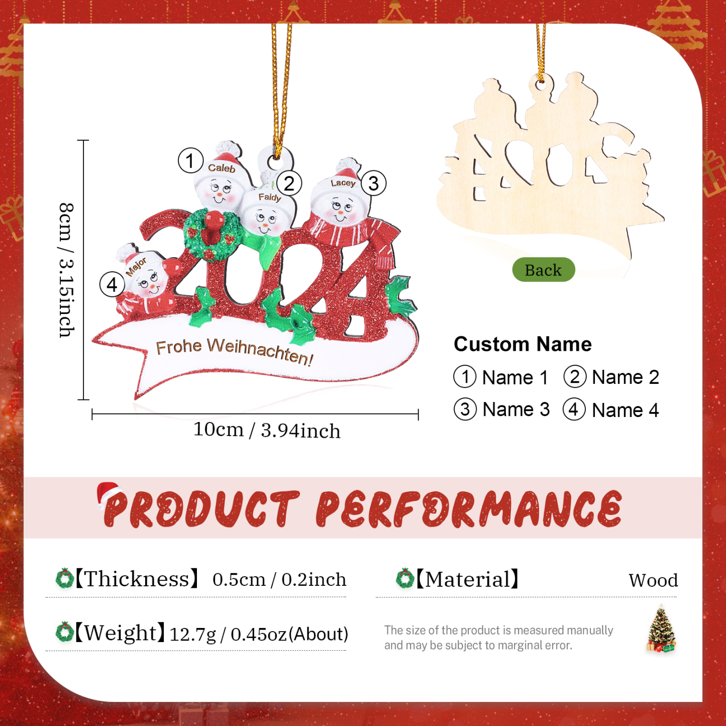 Holz Weihnachtsornament – Personalisierter Text & 2-5 Namen – 2024 Festliche Weihnachtsbaum-Dekoration mit Schneemännern