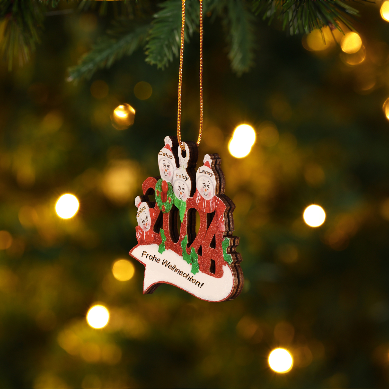 Holz Weihnachtsornament – Personalisierter Text & 2-5 Namen – 2024 Festliche Weihnachtsbaum-Dekoration mit Schneemännern