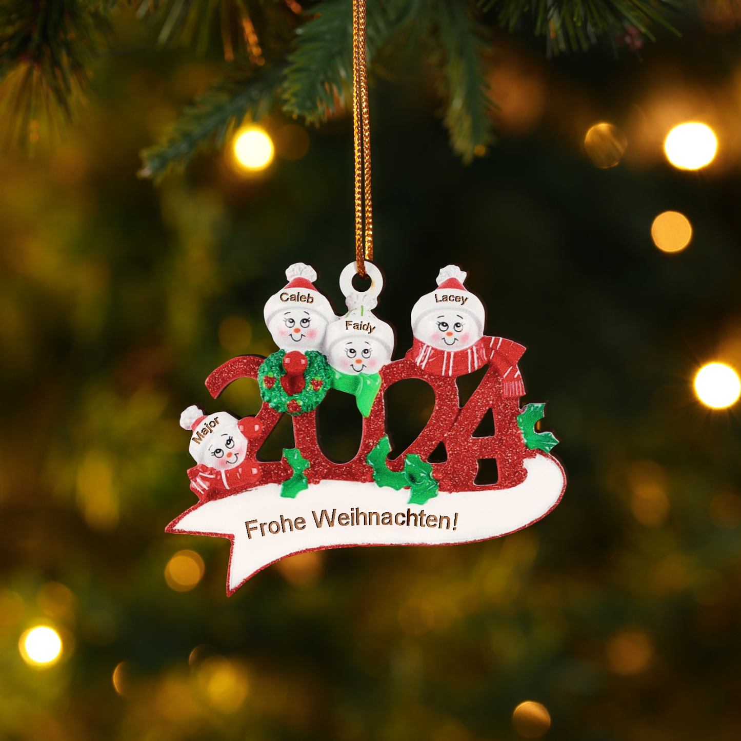 Holz Weihnachtsornament – Personalisierter Text & 2-5 Namen – 2024 Festliche Weihnachtsbaum-Dekoration mit Schneemännern