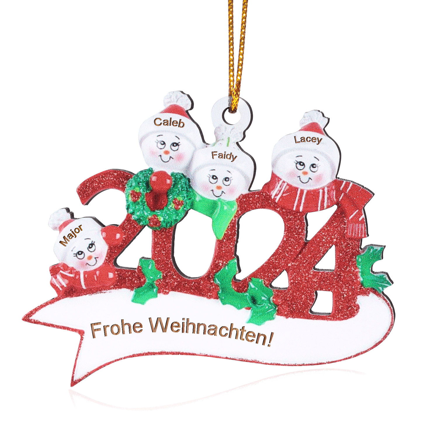 Holz Weihnachtsornament – Personalisierter Text & 2-5 Namen – 2024 Festliche Weihnachtsbaum-Dekoration mit Schneemännern