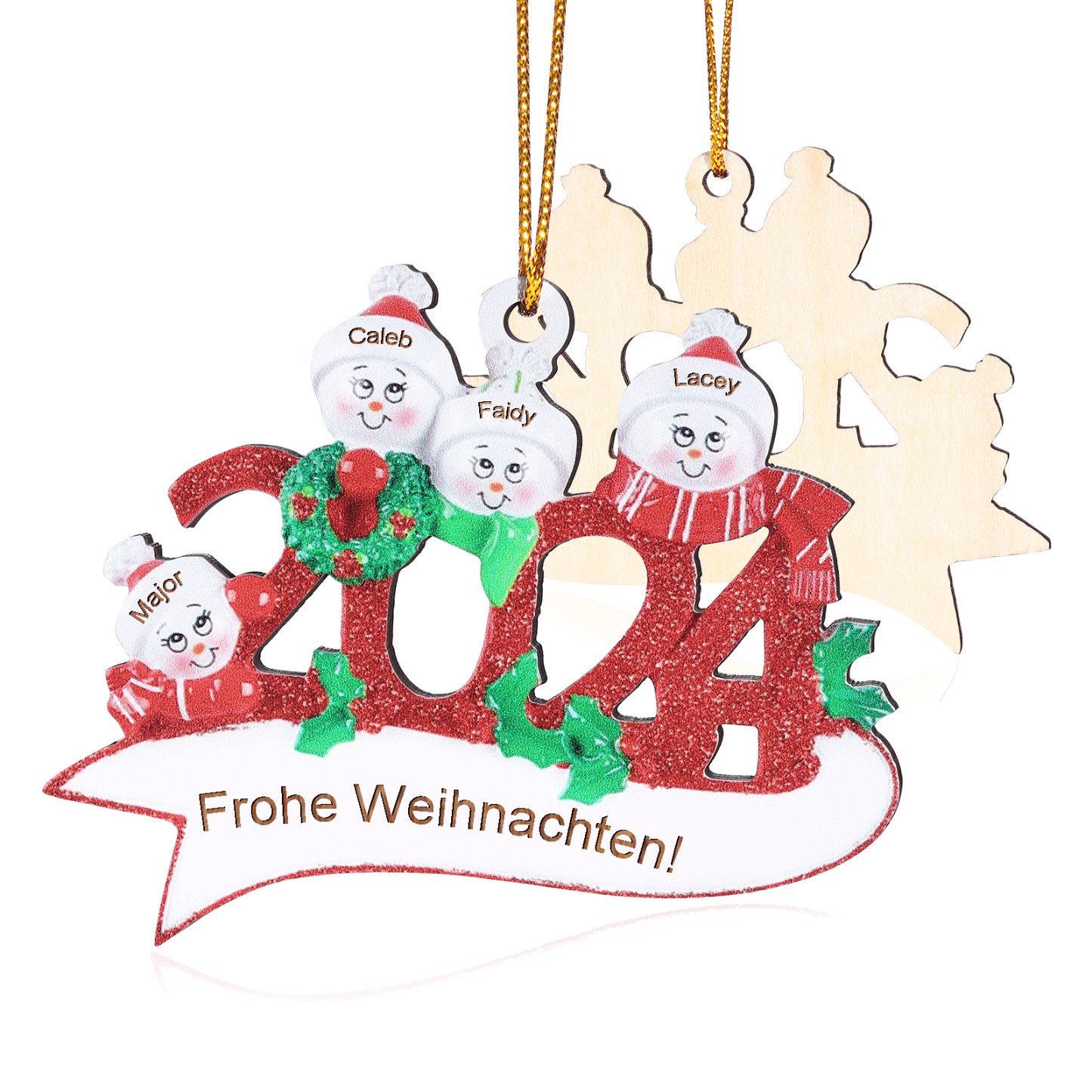 Holz Weihnachtsornament – Personalisierter Text & 2-5 Namen – 2024 Festliche Weihnachtsbaum-Dekoration mit Schneemännern