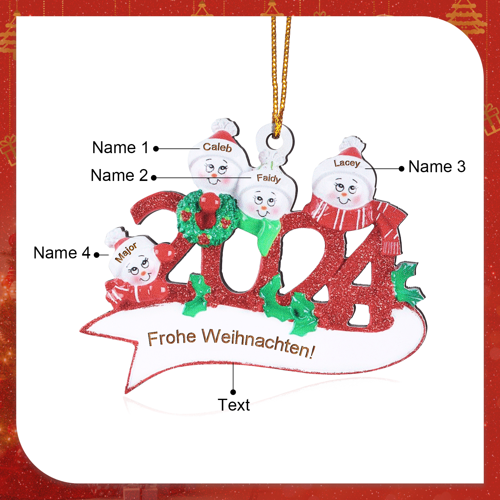 Holz Weihnachtsornament – Personalisierter Text & 2-5 Namen – 2024 Festliche Weihnachtsbaum-Dekoration mit Schneemännern