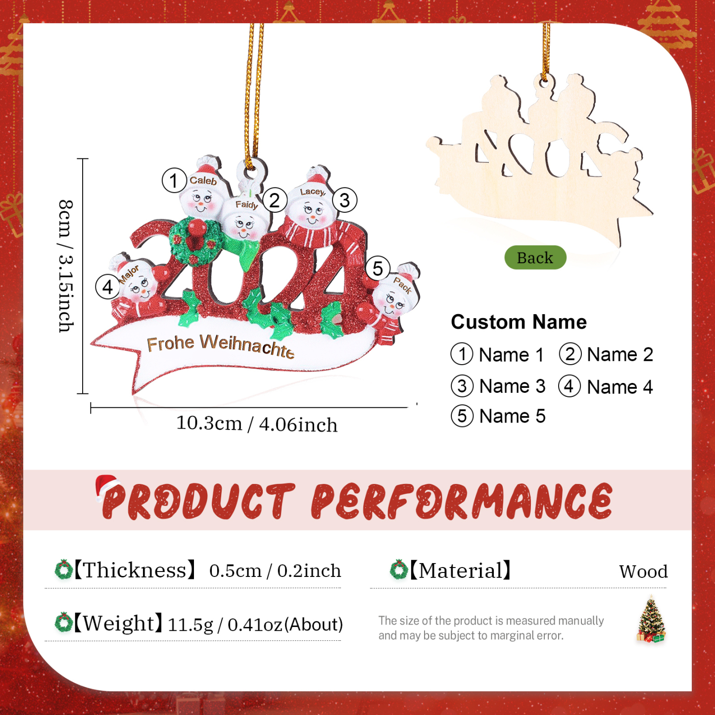 Holz Weihnachtsornament – Personalisierter Text & 2-5 Namen – 2024 Festliche Weihnachtsbaum-Dekoration mit Schneemännern