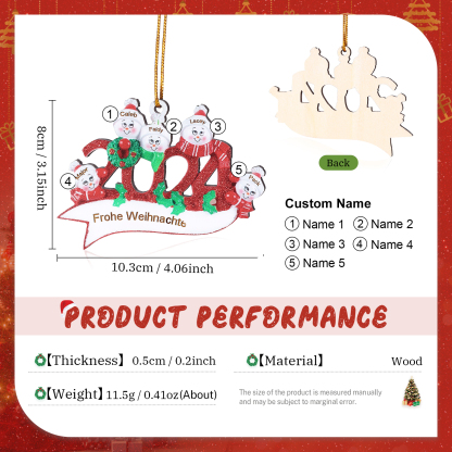 Holz Weihnachtsornament – Personalisierter Text & 2-5 Namen – 2024 Festliche Weihnachtsbaum-Dekoration mit Schneemännern