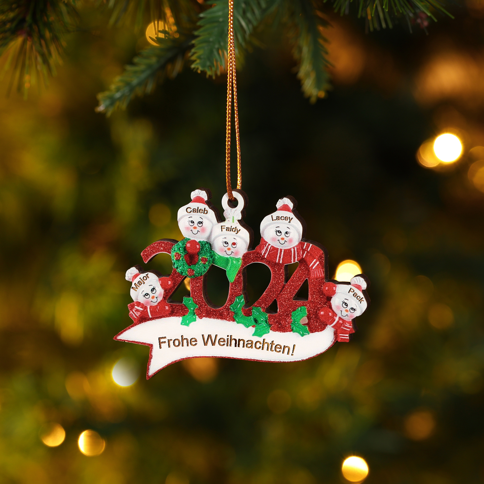 Holz Weihnachtsornament – Personalisierter Text & 2-5 Namen – 2024 Festliche Weihnachtsbaum-Dekoration mit Schneemännern