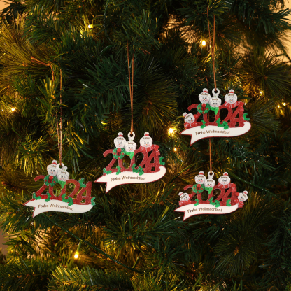 Holz Weihnachtsornament – Personalisierter Text & 2-5 Namen – 2024 Festliche Weihnachtsbaum-Dekoration mit Schneemännern