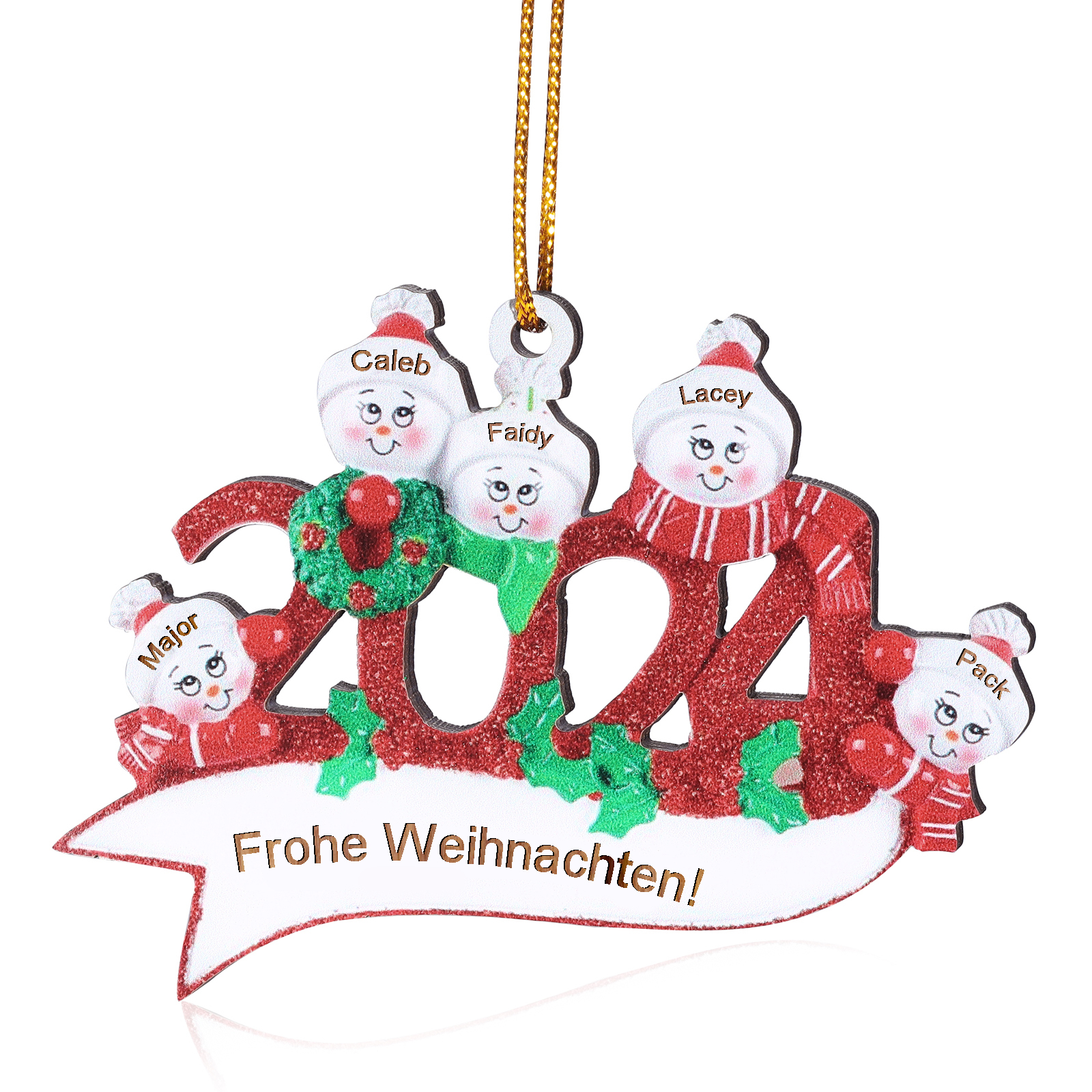 Holz Weihnachtsornament – Personalisierter Text & 2-5 Namen – 2024 Festliche Weihnachtsbaum-Dekoration mit Schneemännern