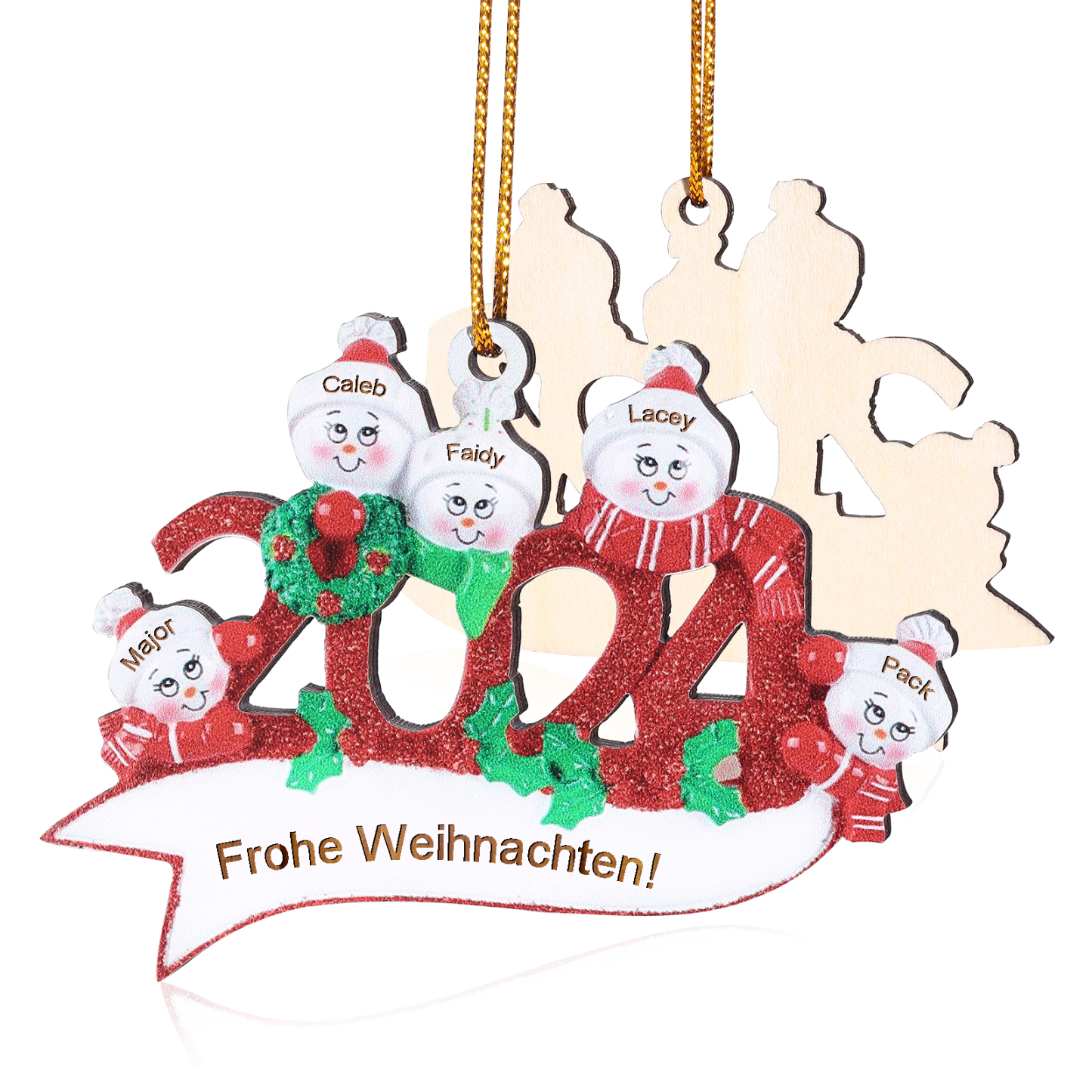 Holz Weihnachtsornament – Personalisierter Text & 2-5 Namen – 2024 Festliche Weihnachtsbaum-Dekoration mit Schneemännern
