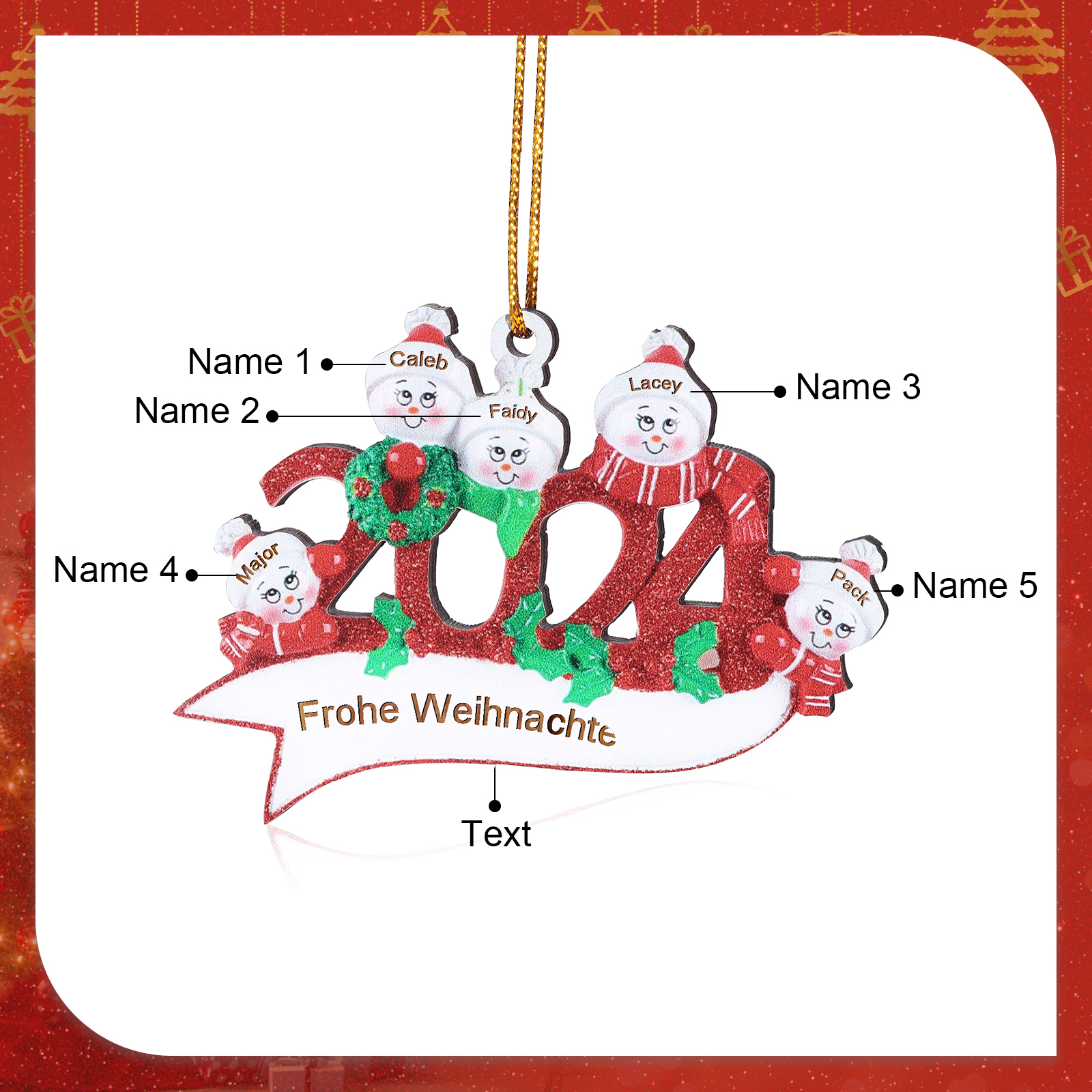 Holz Weihnachtsornament – Personalisierter Text & 2-5 Namen – 2024 Festliche Weihnachtsbaum-Dekoration mit Schneemännern