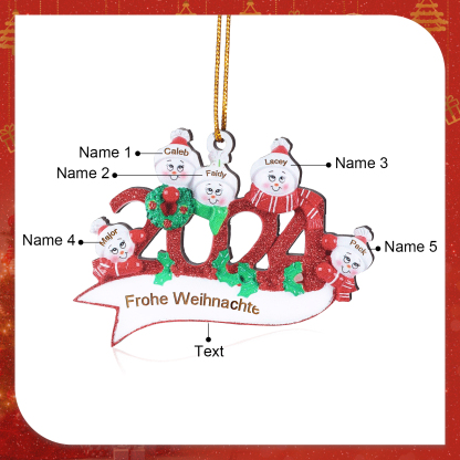 Holz Weihnachtsornament – Personalisierter Text & 2-5 Namen – 2024 Festliche Weihnachtsbaum-Dekoration mit Schneemännern