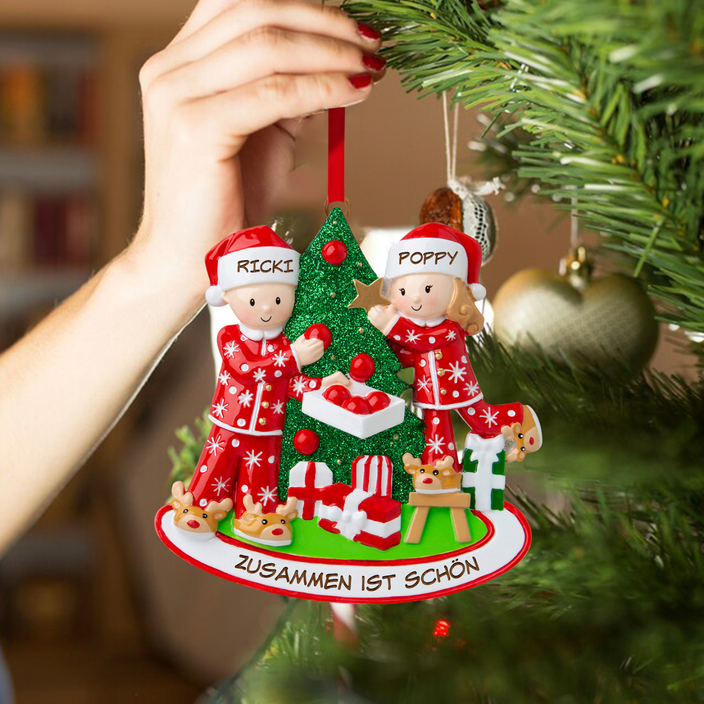 Holz Personalisierte 2 Namen & Jahr & Text Weihnachtsmann & Weihnachtsfrau Weihnachtsornament Weihnachtsbaum Anhänger für Paare