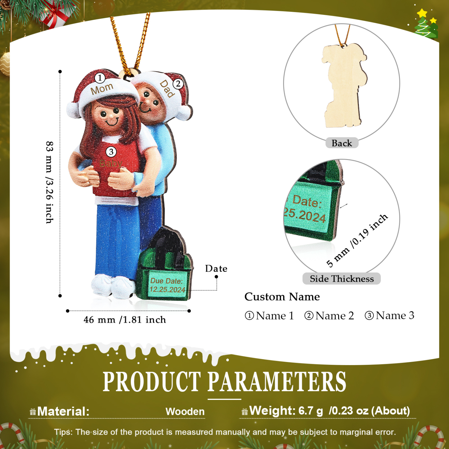 Holz Personalisierte 3-6 Namen & Datum Weihnachtsornament – Familie mit schwangerer Mama Holz-Weihnachtsanhänger