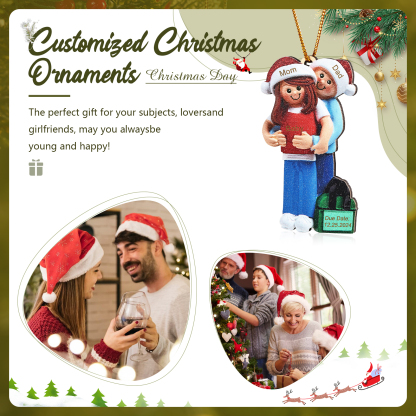 Holz Personalisierte 3-6 Namen & Datum Weihnachtsornament – Familie mit schwangerer Mama Holz-Weihnachtsanhänger