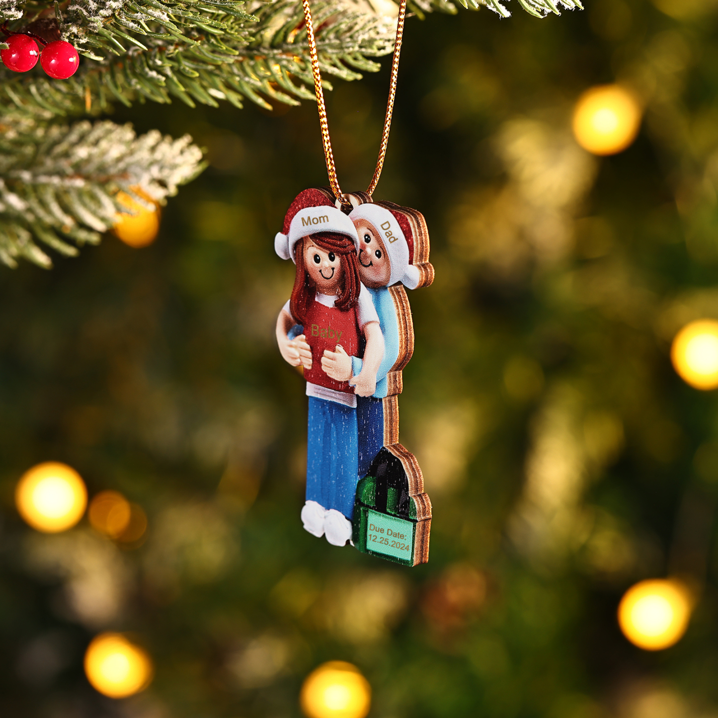 Holz Personalisierte 3-6 Namen & Datum Weihnachtsornament – Familie mit schwangerer Mama Holz-Weihnachtsanhänger