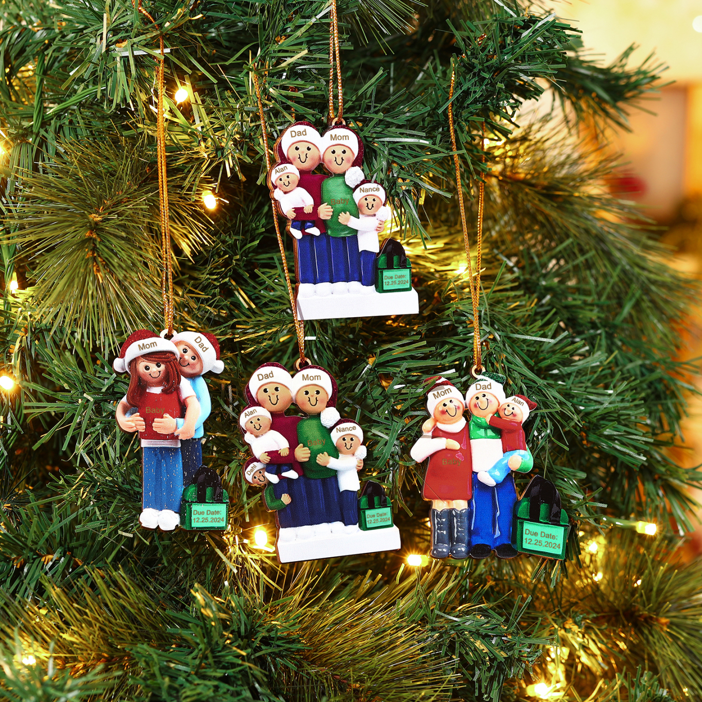 Holz Personalisierte 3-6 Namen & Datum Weihnachtsornament – Familie mit schwangerer Mama Holz-Weihnachtsanhänger