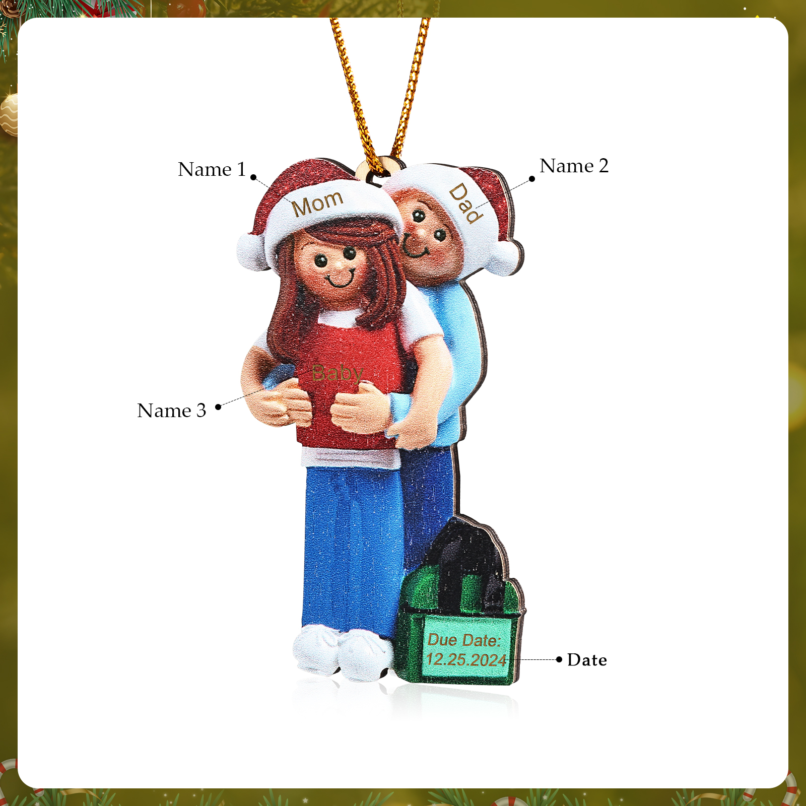 Holz Personalisierte 3-6 Namen & Datum Weihnachtsornament – Familie mit schwangerer Mama Holz-Weihnachtsanhänger