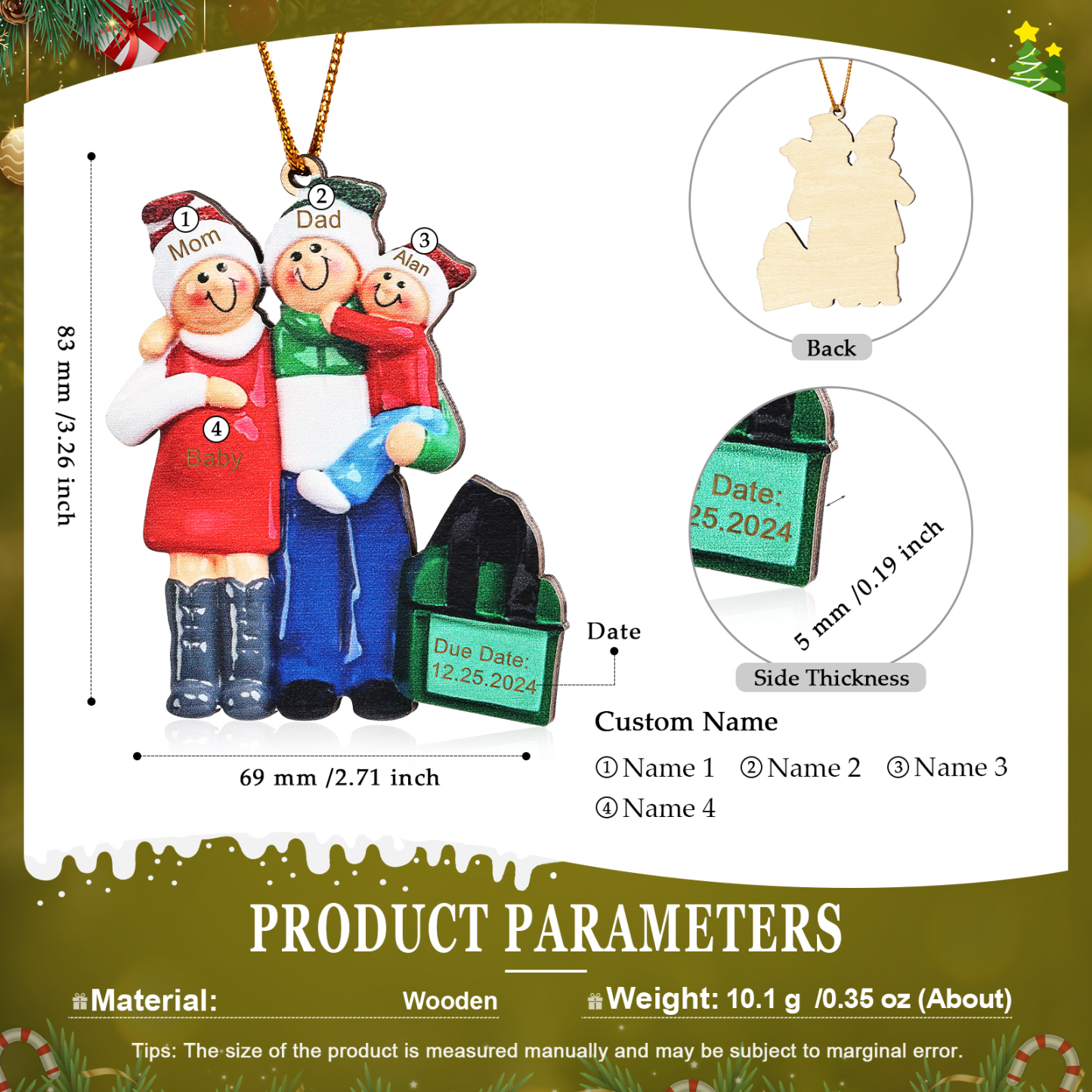 Holz Personalisierte 3-6 Namen & Datum Weihnachtsornament – Familie mit schwangerer Mama Holz-Weihnachtsanhänger