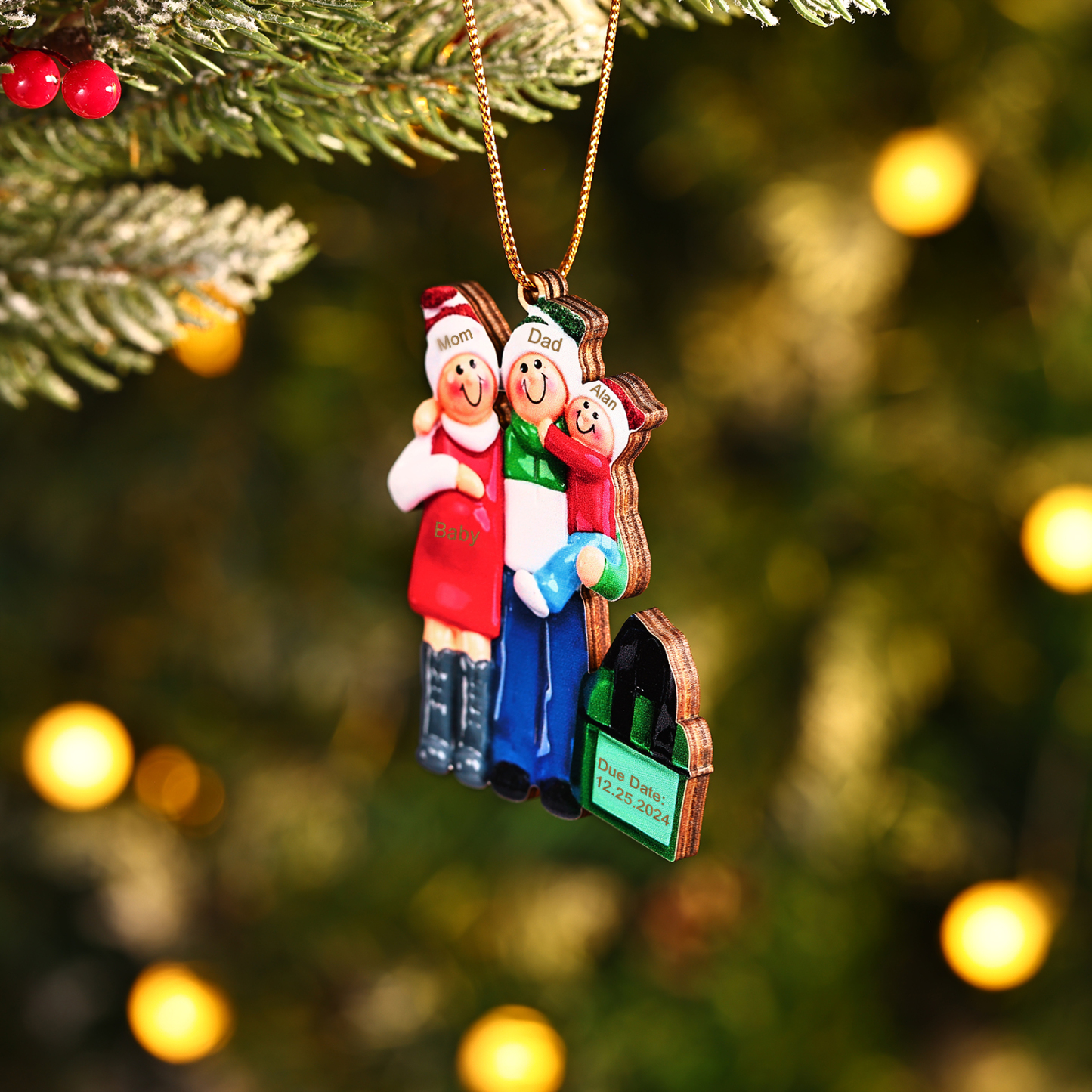 Holz Personalisierte 3-6 Namen & Datum Weihnachtsornament – Familie mit schwangerer Mama Holz-Weihnachtsanhänger