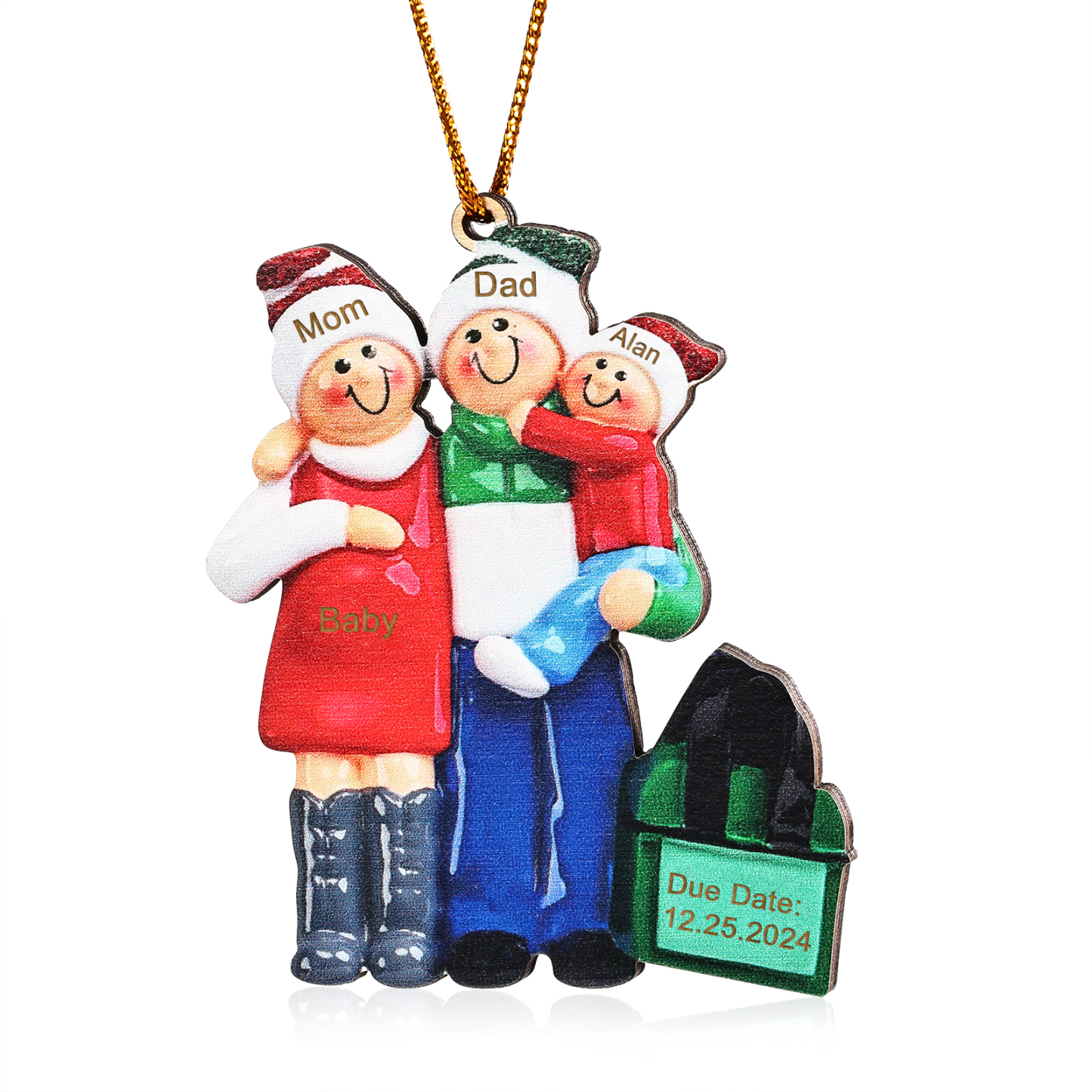 Holz Personalisierte 3-6 Namen & Datum Weihnachtsornament – Familie mit schwangerer Mama Holz-Weihnachtsanhänger