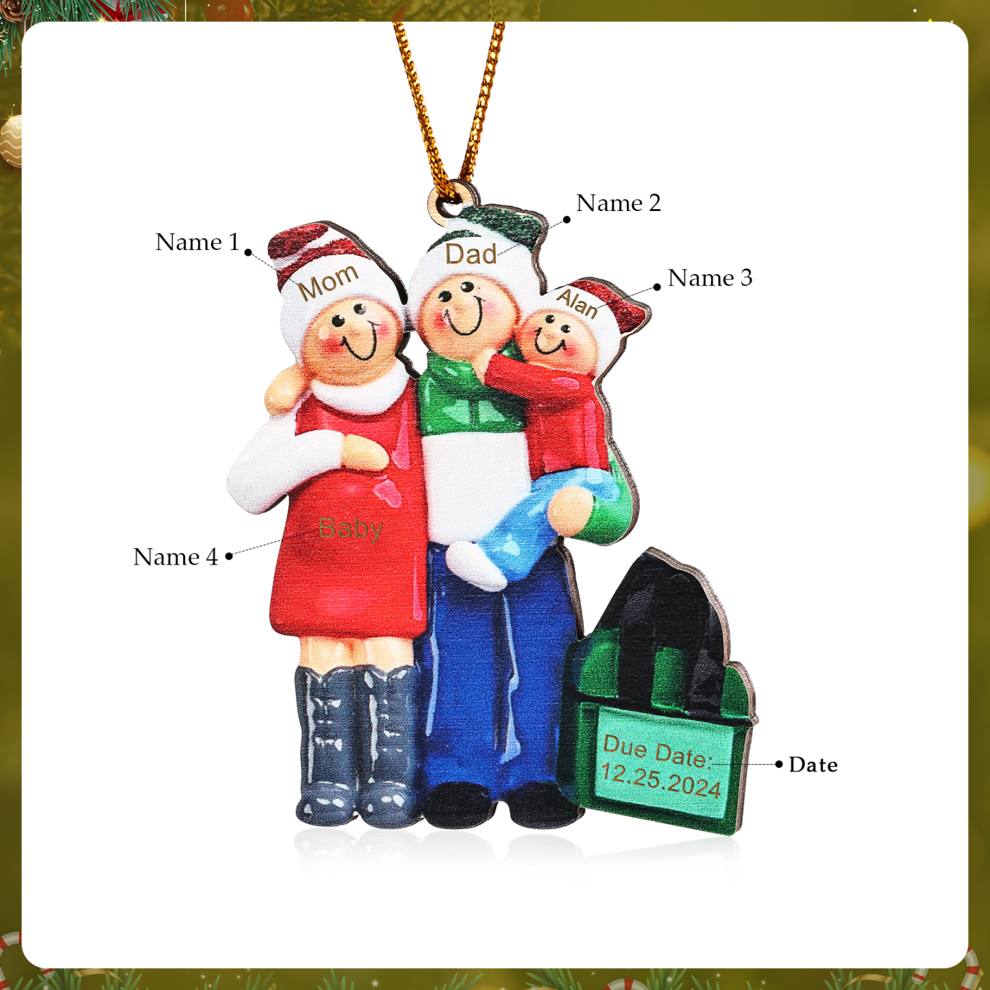 Holz Personalisierte 3-6 Namen & Datum Weihnachtsornament – Familie mit schwangerer Mama Holz-Weihnachtsanhänger