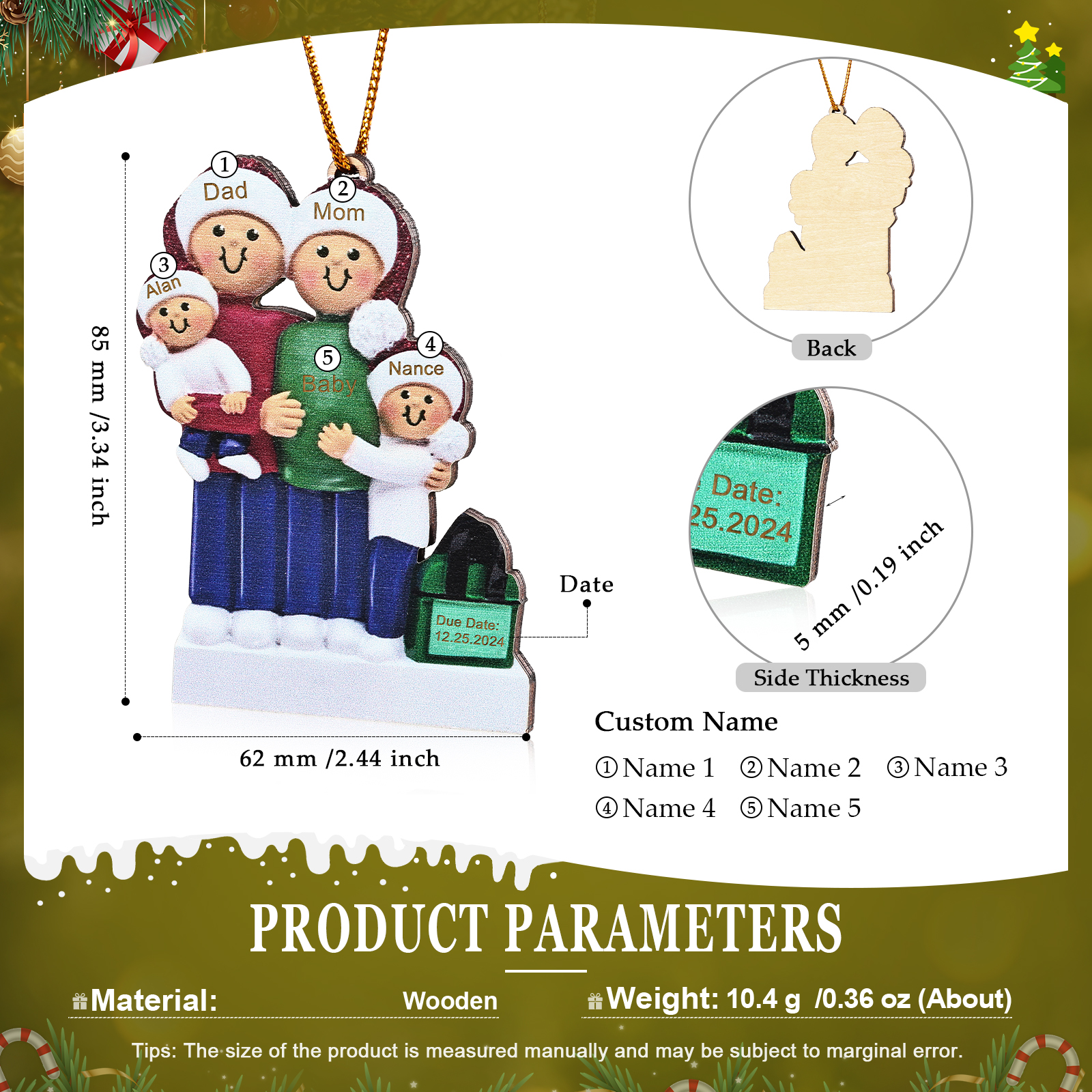 Holz Personalisierte 3-6 Namen & Datum Weihnachtsornament – Familie mit schwangerer Mama Holz-Weihnachtsanhänger