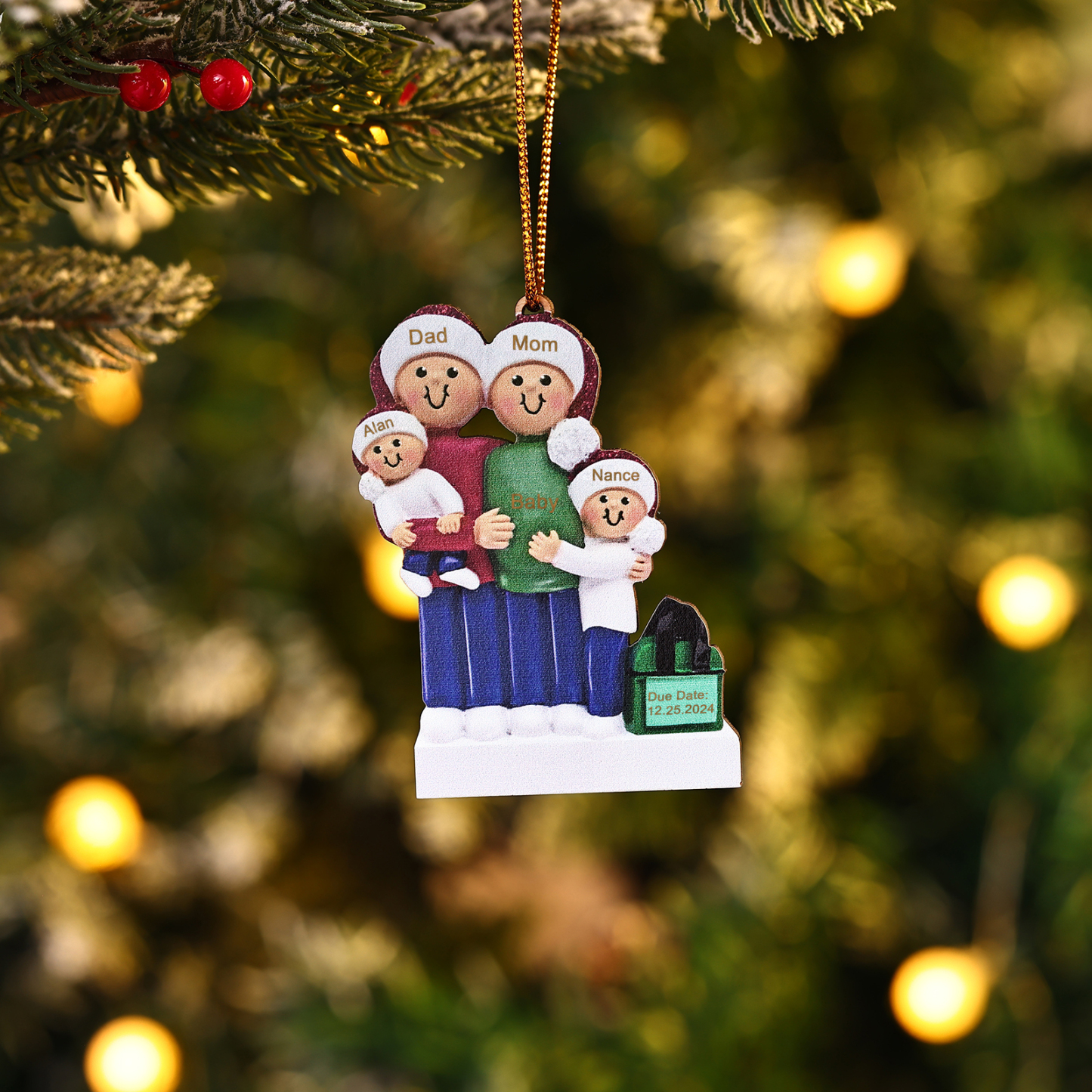 Holz Personalisierte 3-6 Namen & Datum Weihnachtsornament – Familie mit schwangerer Mama Holz-Weihnachtsanhänger