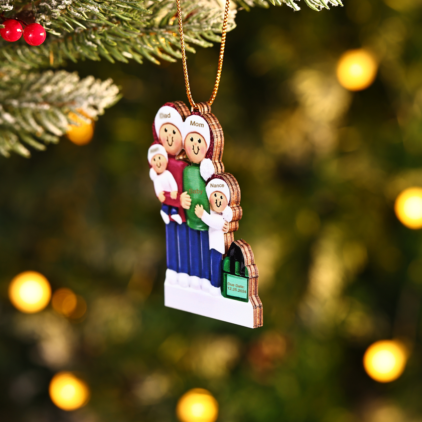 Holz Personalisierte 3-6 Namen & Datum Weihnachtsornament – Familie mit schwangerer Mama Holz-Weihnachtsanhänger
